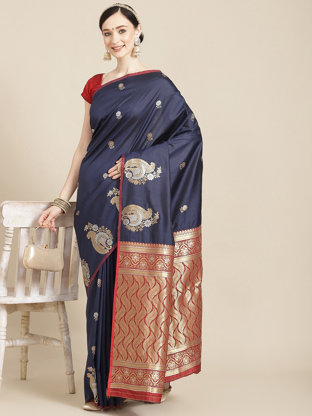 

Leeza Store Navy Blue & Red Ethnic Motifs Zari Silk Blend Banarasi Saree