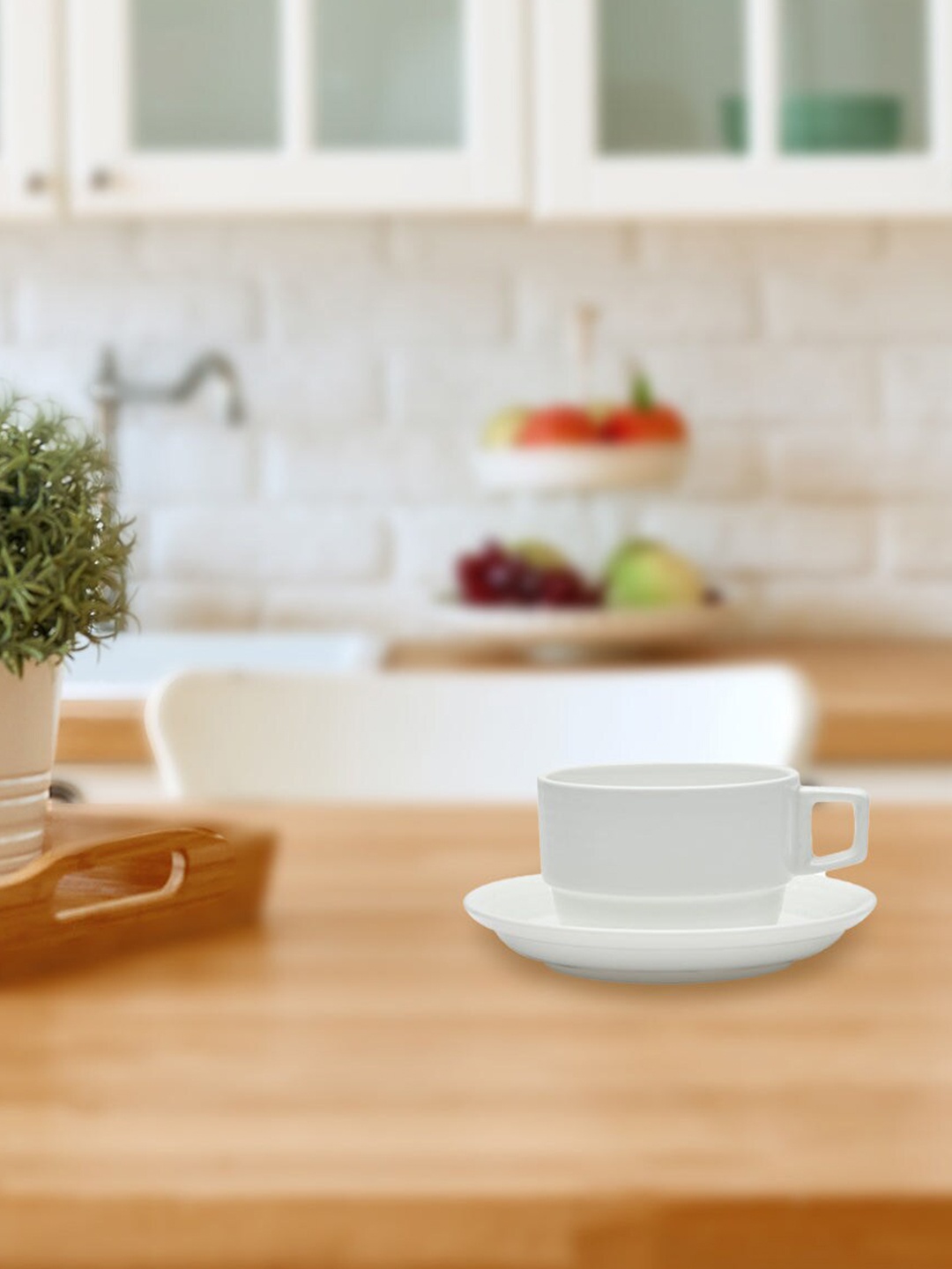 

Athome by Nilkamal White Set Of 1 Geometric Ceramic Glossy Cups and Saucers Set