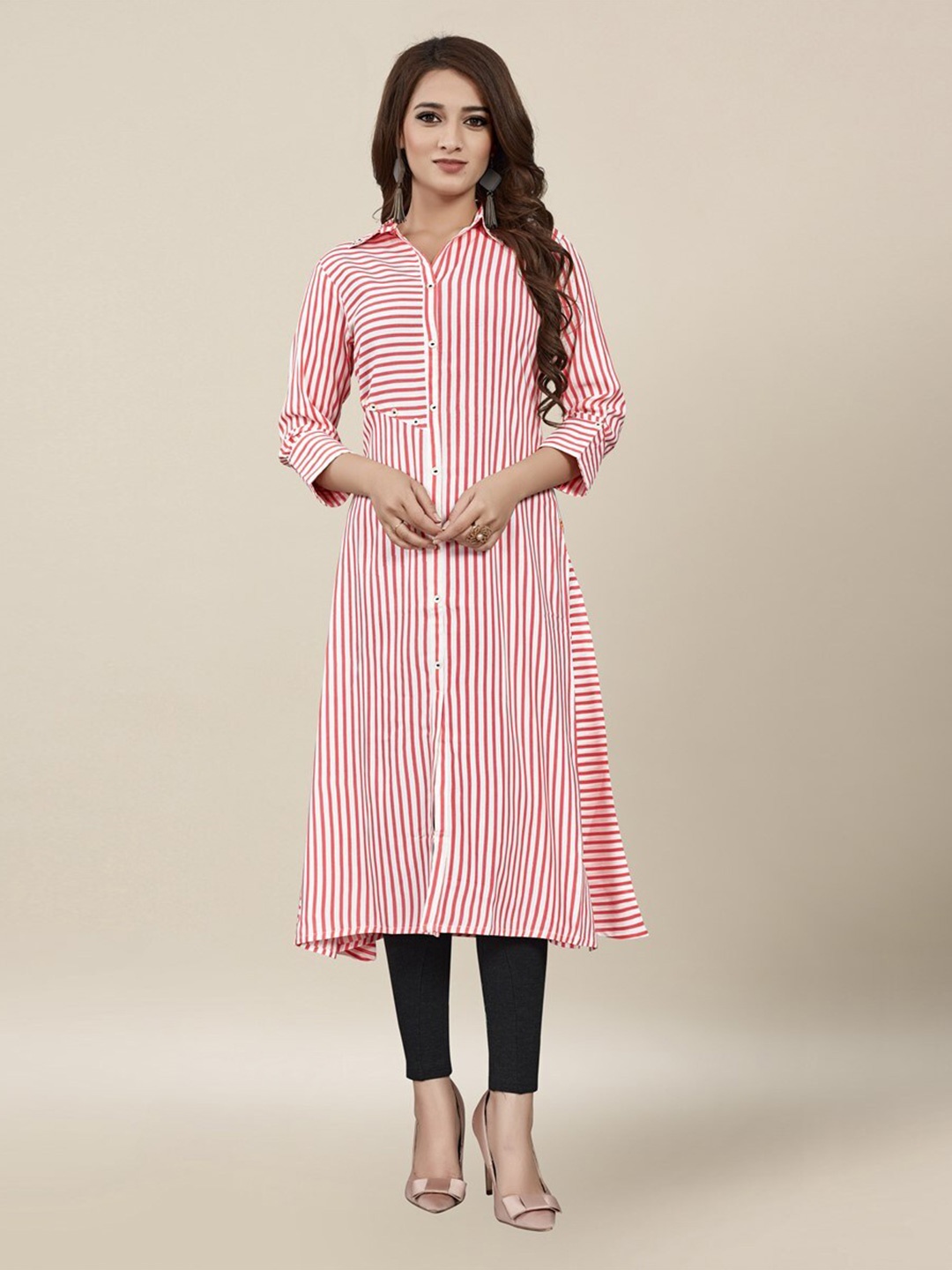 

Vedic Peach-Coloured & Peach-Coloured Striped Anarkali Kurti