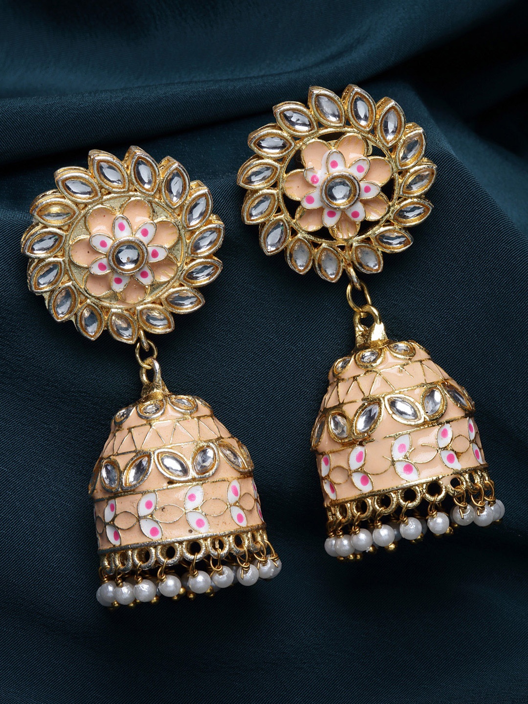 

PANASH Pink & Gold Plated Dome Shaped Jhumkas Earrings