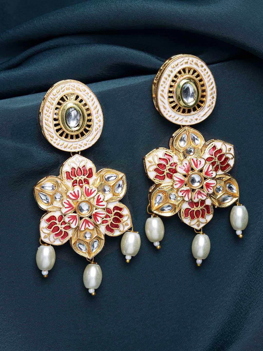 

PANASH Women Gold-Plated Kundan Meenakari Floral Drop Earrings