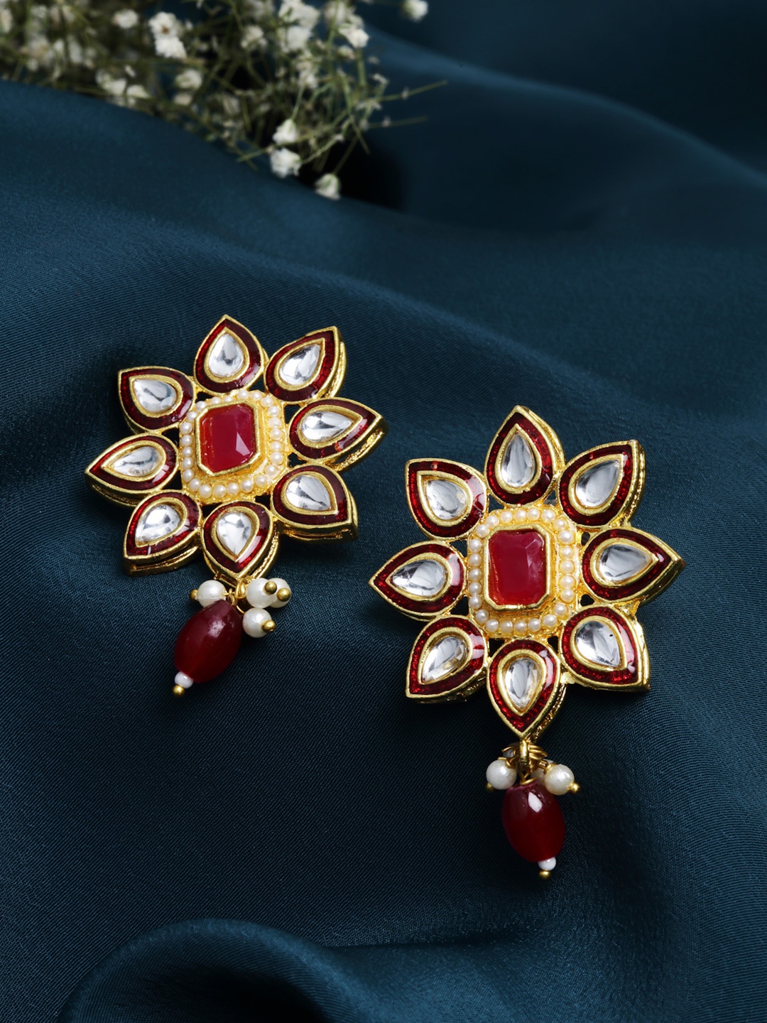 

PANASH Gold-Plated Kundan Floral Shaped Meenakari Drop Earrings