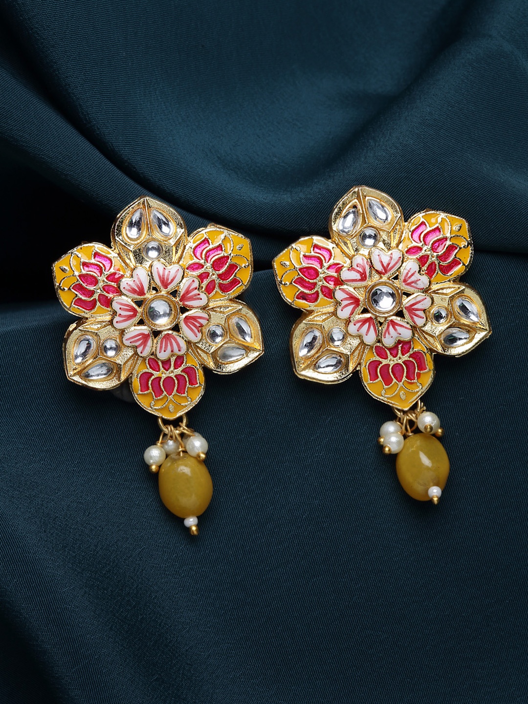 

PANASH Women Gold-Plated Kundan Floral Shaped Enamelled Drop Earrings