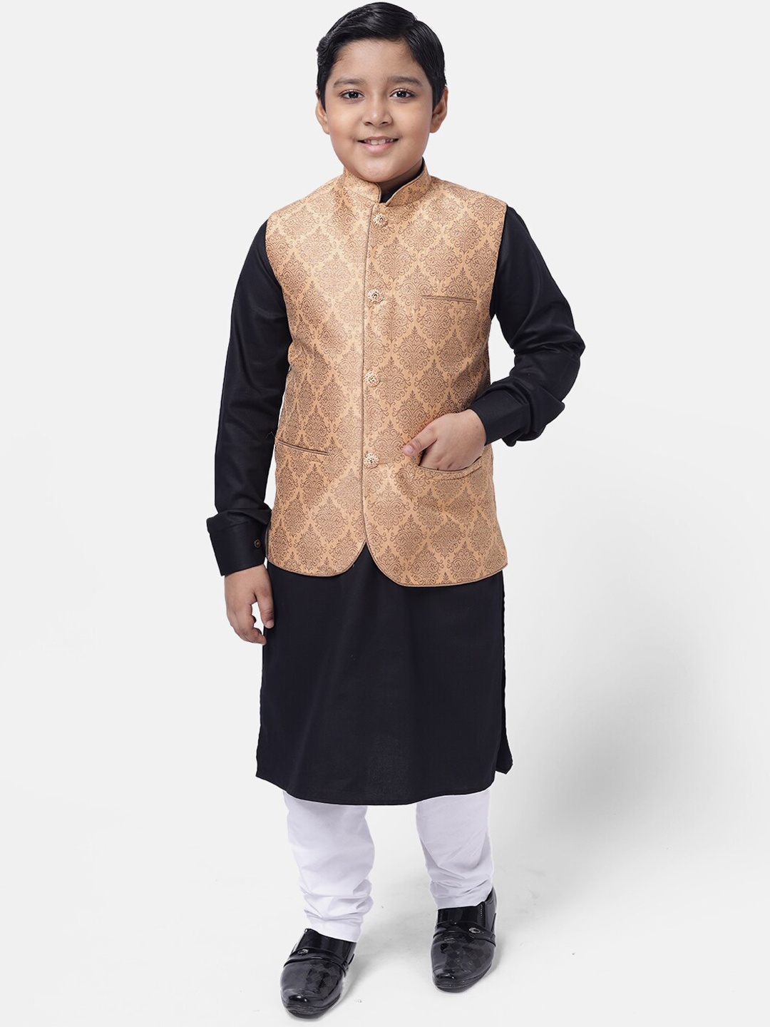 

NAMASKAR Boys Black Embroidered Pure Cotton Kurta with Pyjamas & Nehru Jacket