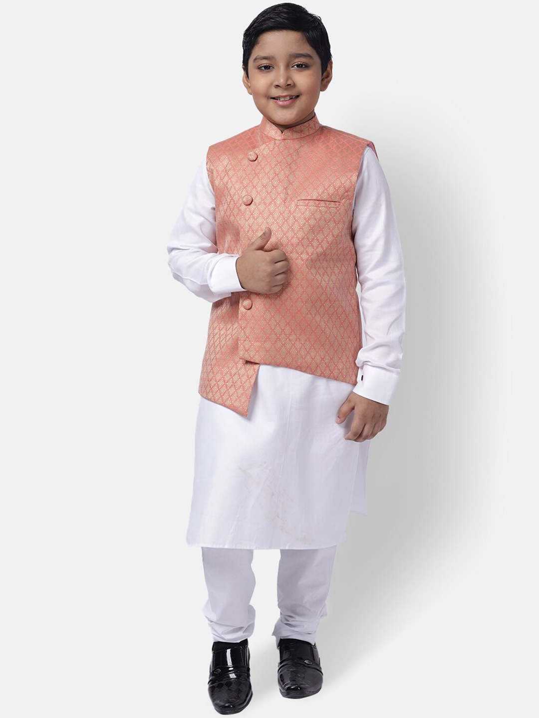 

NAMASKAR Boys White Layered Pure Cotton Kurta with Churidar