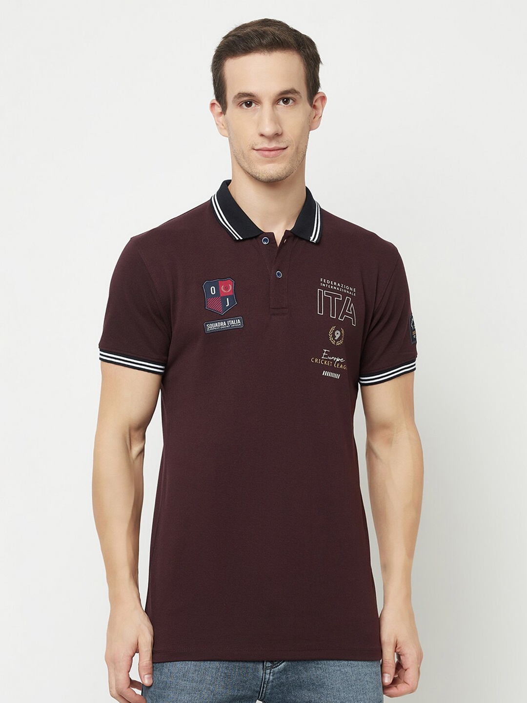 

Octave Men Maroon & temptress Typography Polo Collar Applique T-shirt