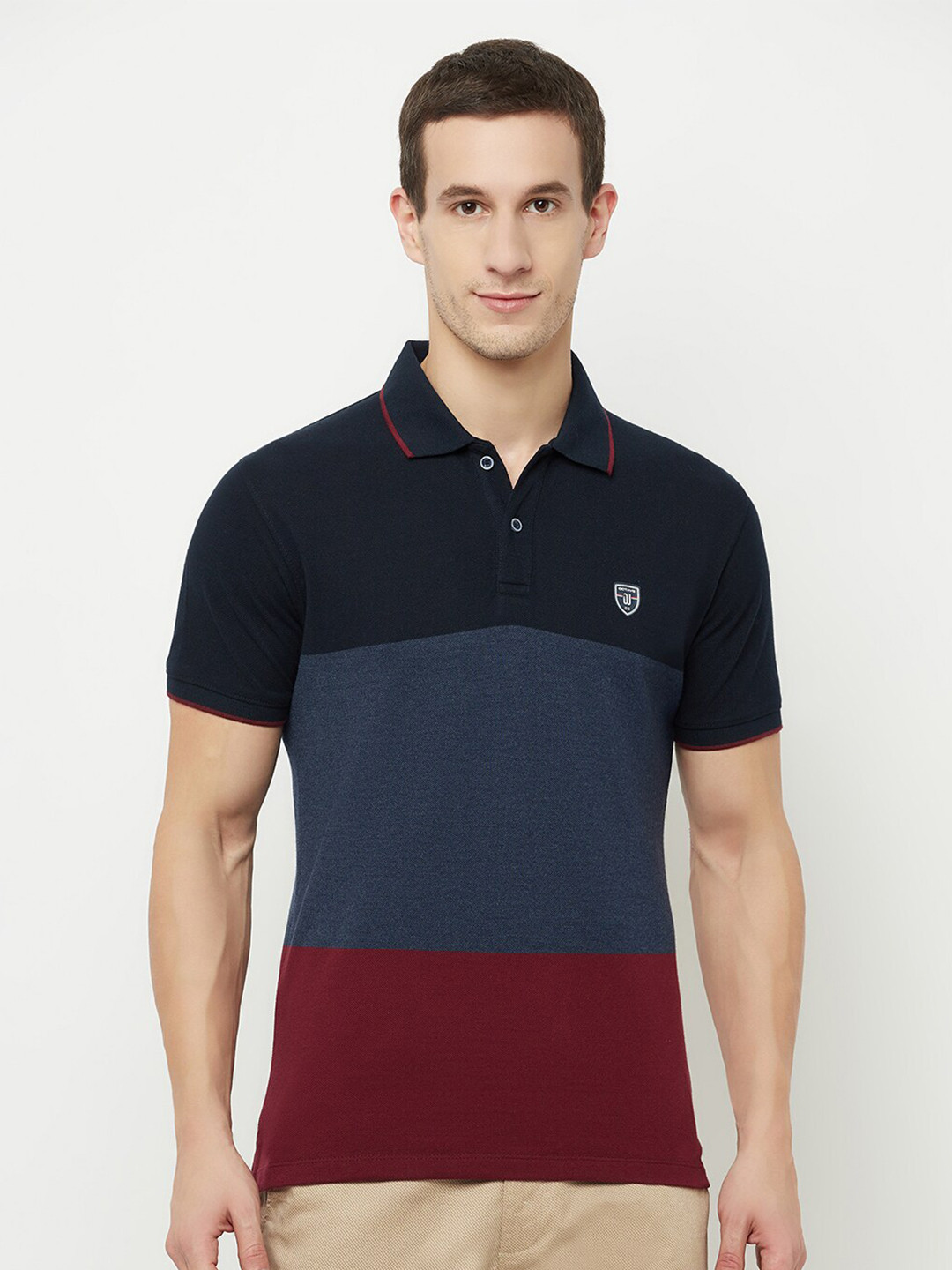 

Octave Men Navy Blue & french middle red purple Striped Polo Collar Applique T-shirt