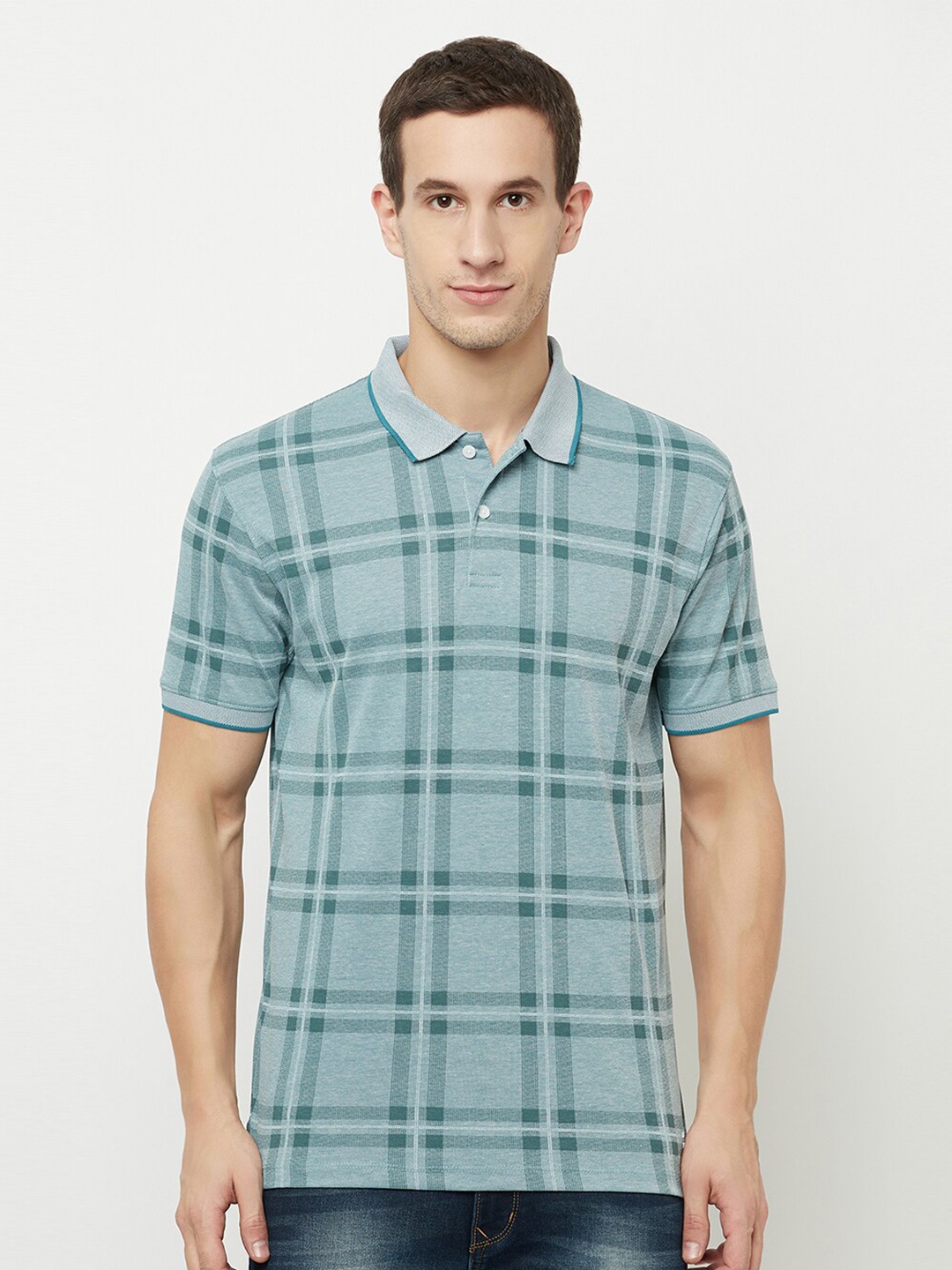 

Octave Men Blue Checked Polo Collar T-shirt