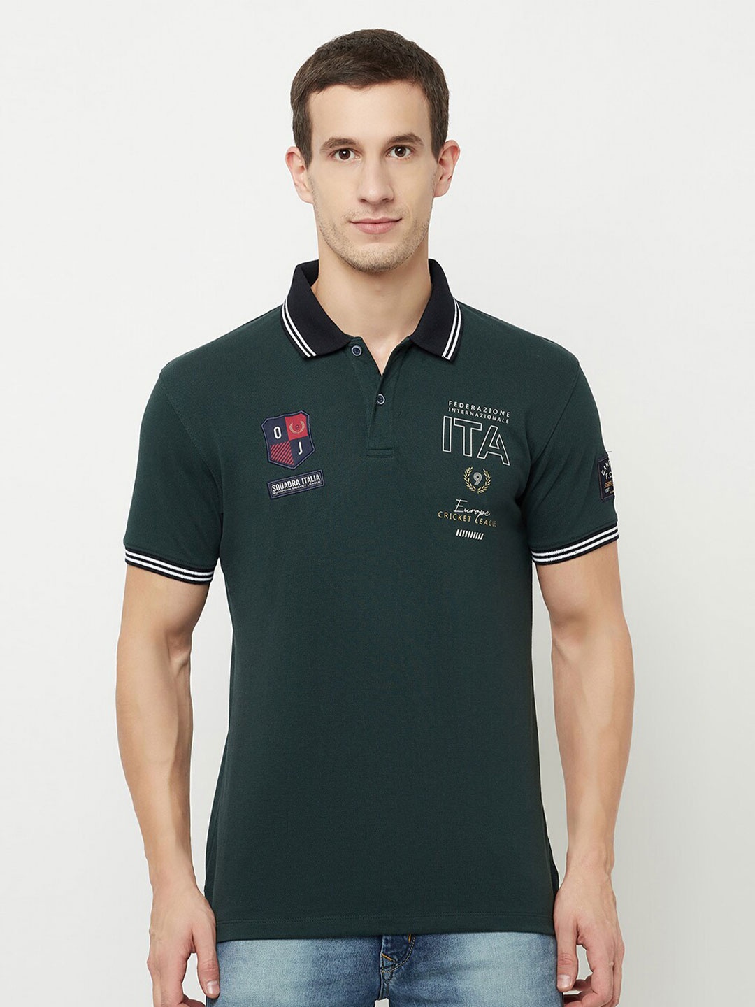 

Octave Men Green & gunmetal Typography Polo Collar T-shirt