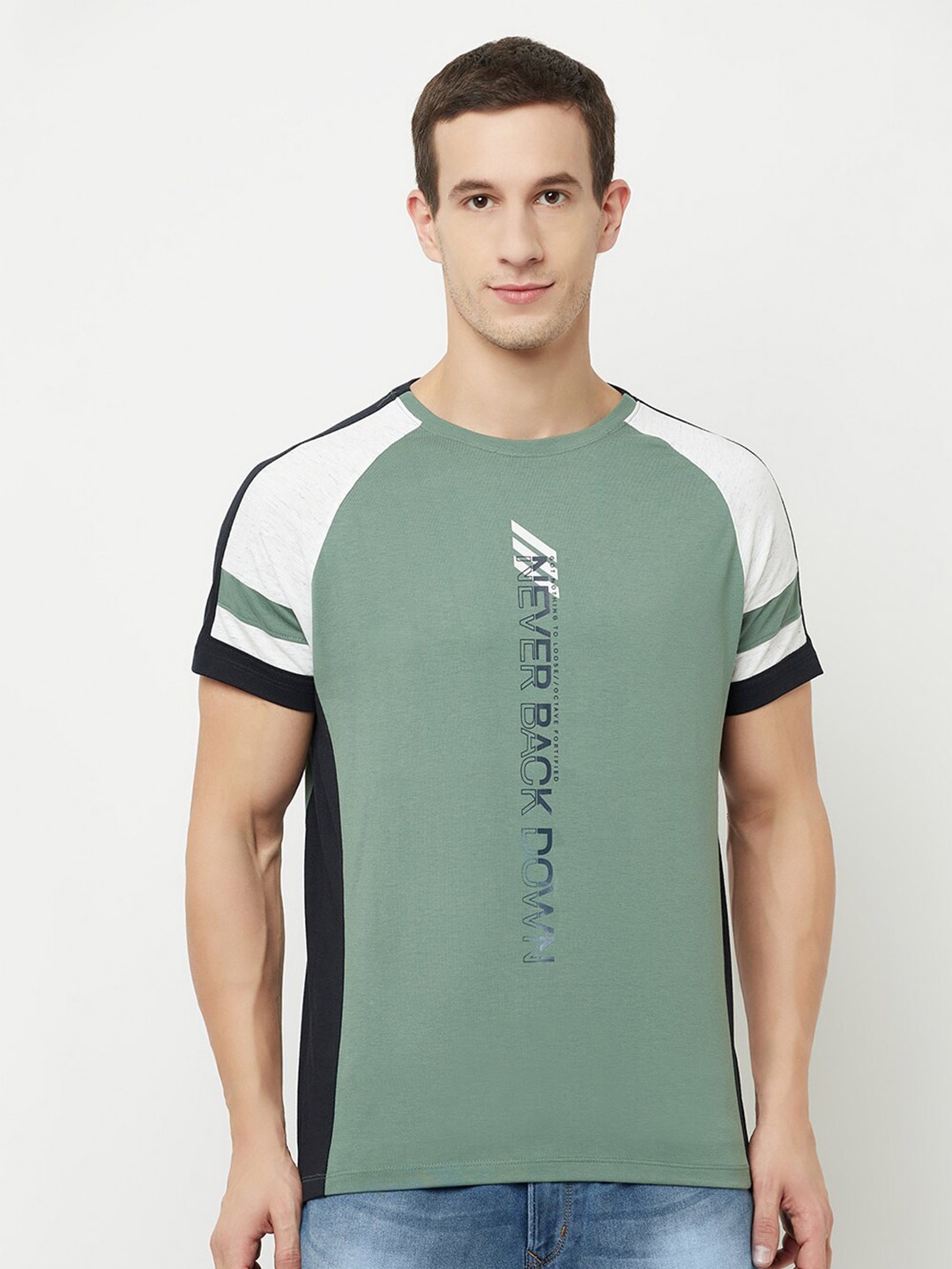 

Octave Men Olive Green Typography Printed Raw Edge T-shirt