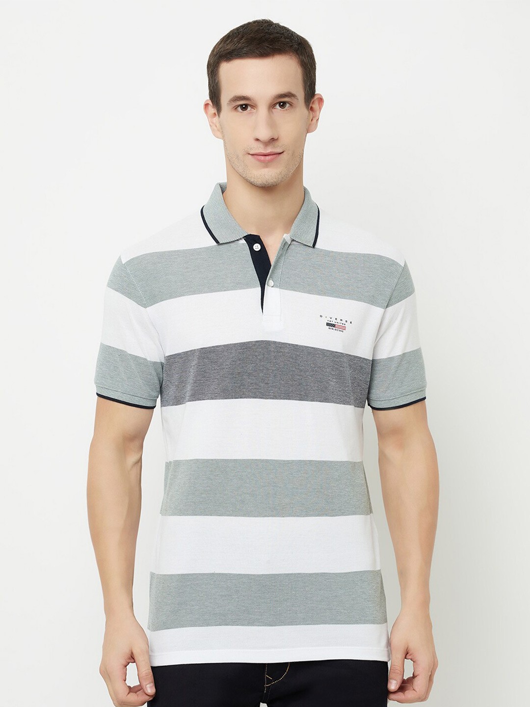 

Octave Men Olive Green Striped Polo Collar T-shirt