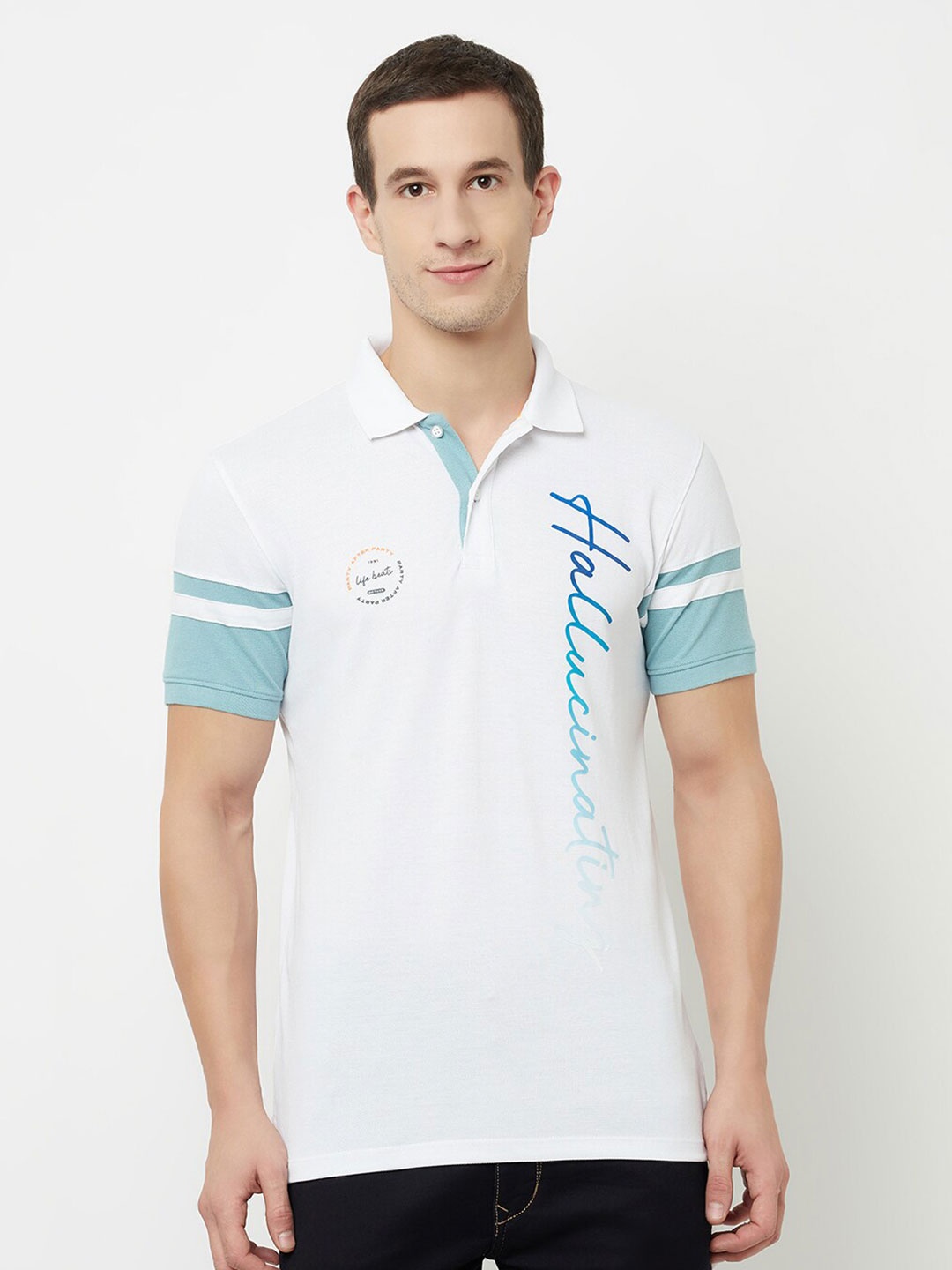 

Octave Men White & magnolia Polo Collar Applique T-shirt