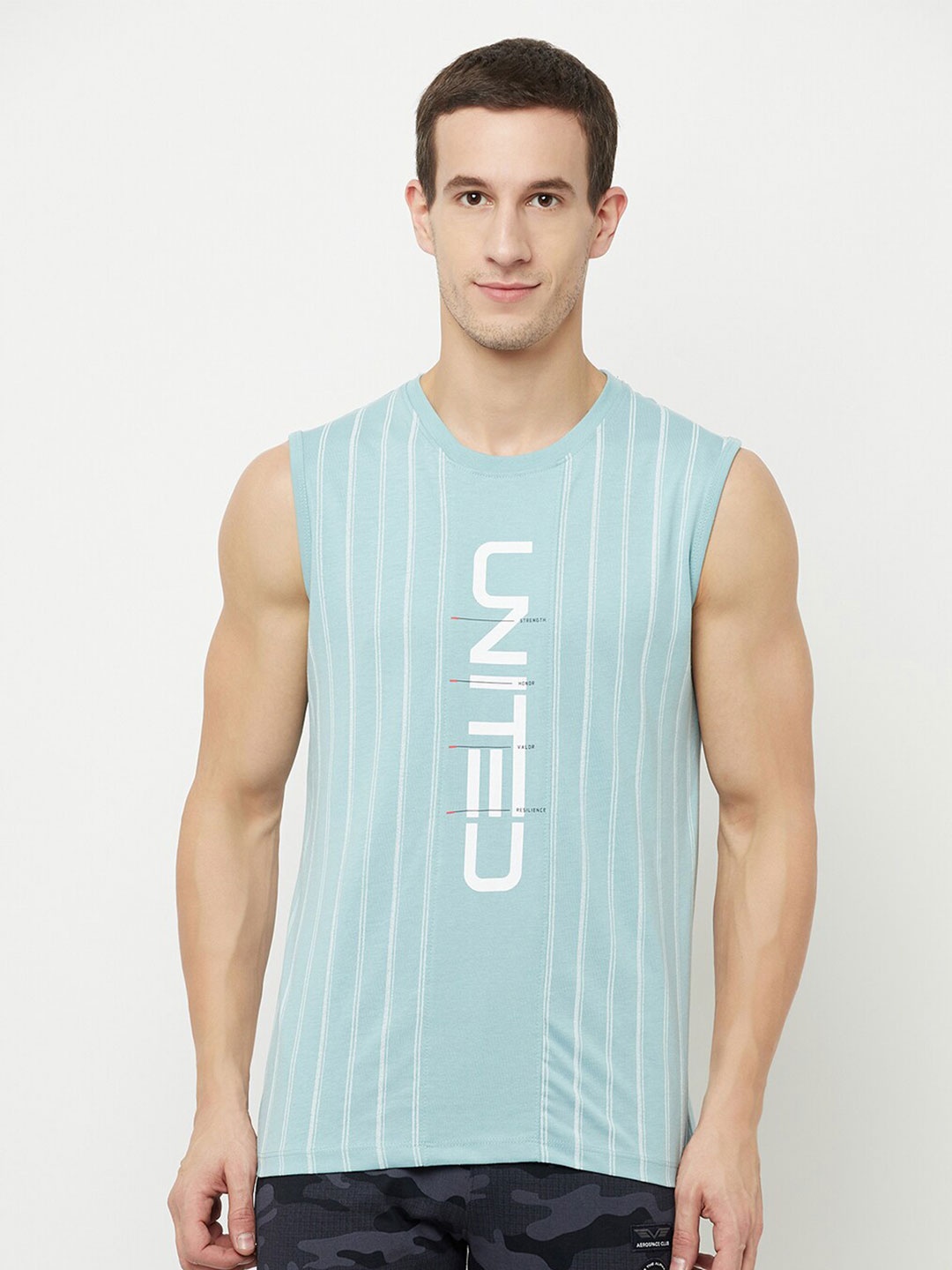 

Octave Men Blue & bleached aqua Typography Printed Raw Edge T-shirt