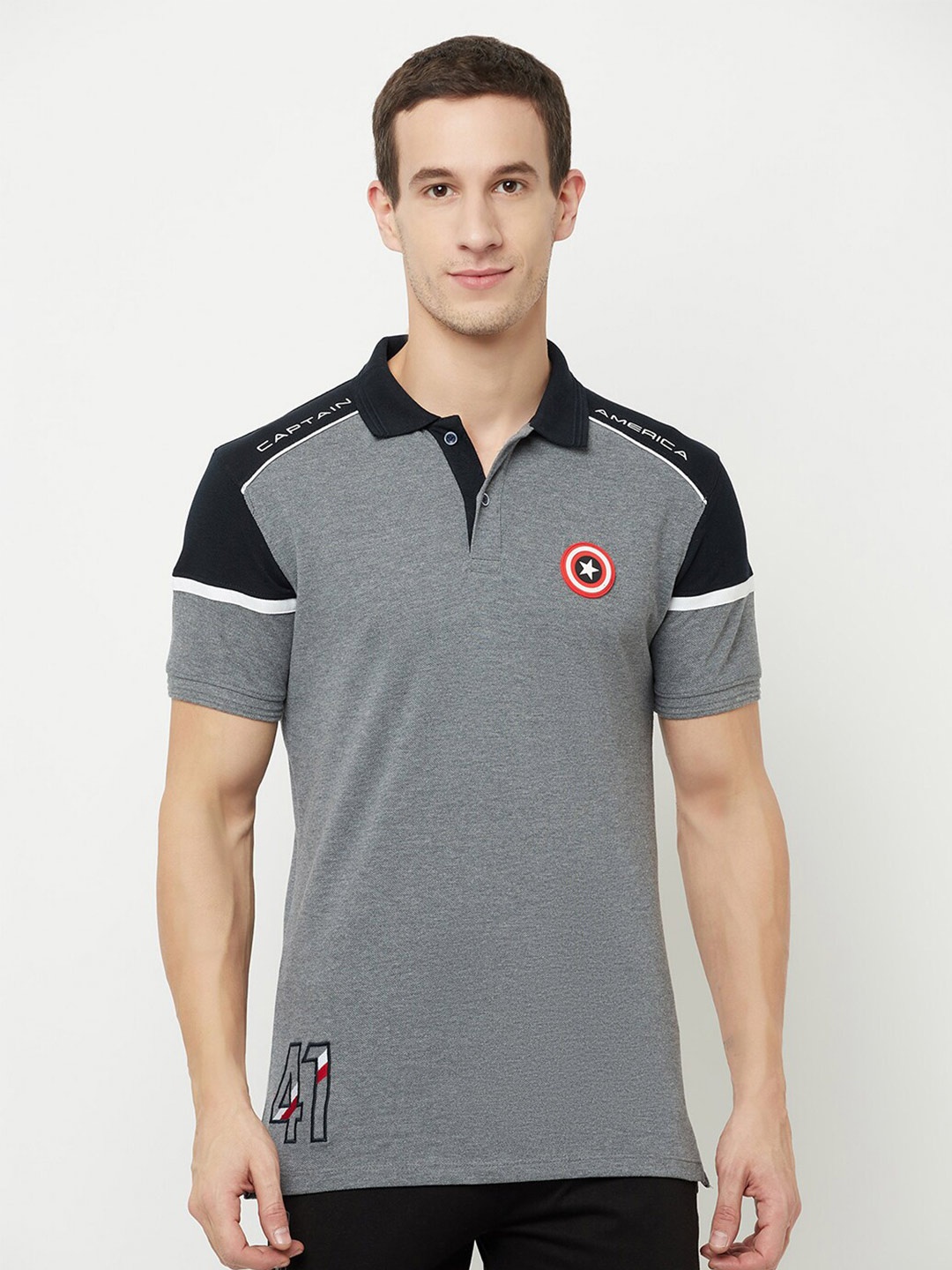 

Octave Men Grey Captain America Polo Collar Applique T-shirt