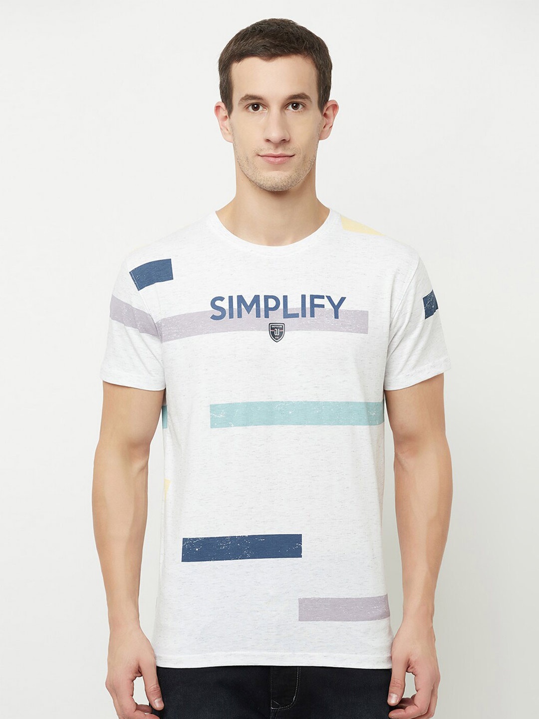 

Octave Men White Typography Striped Applique T-shirt