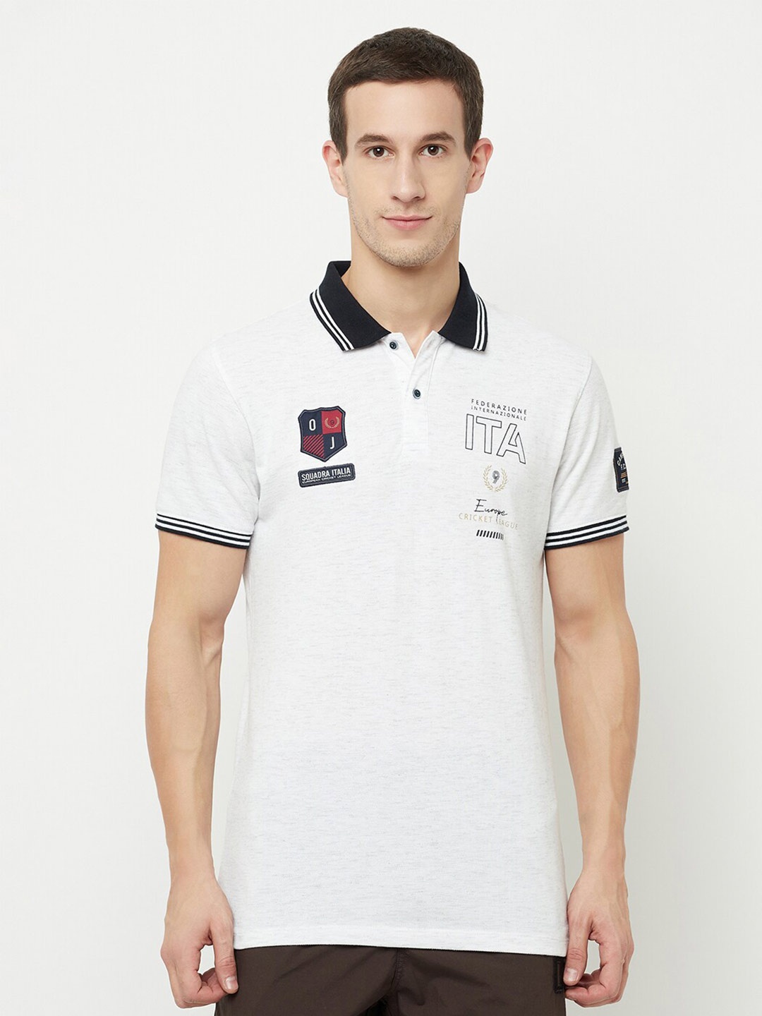 

Octave Men White Polo Collar Applique T-shirt