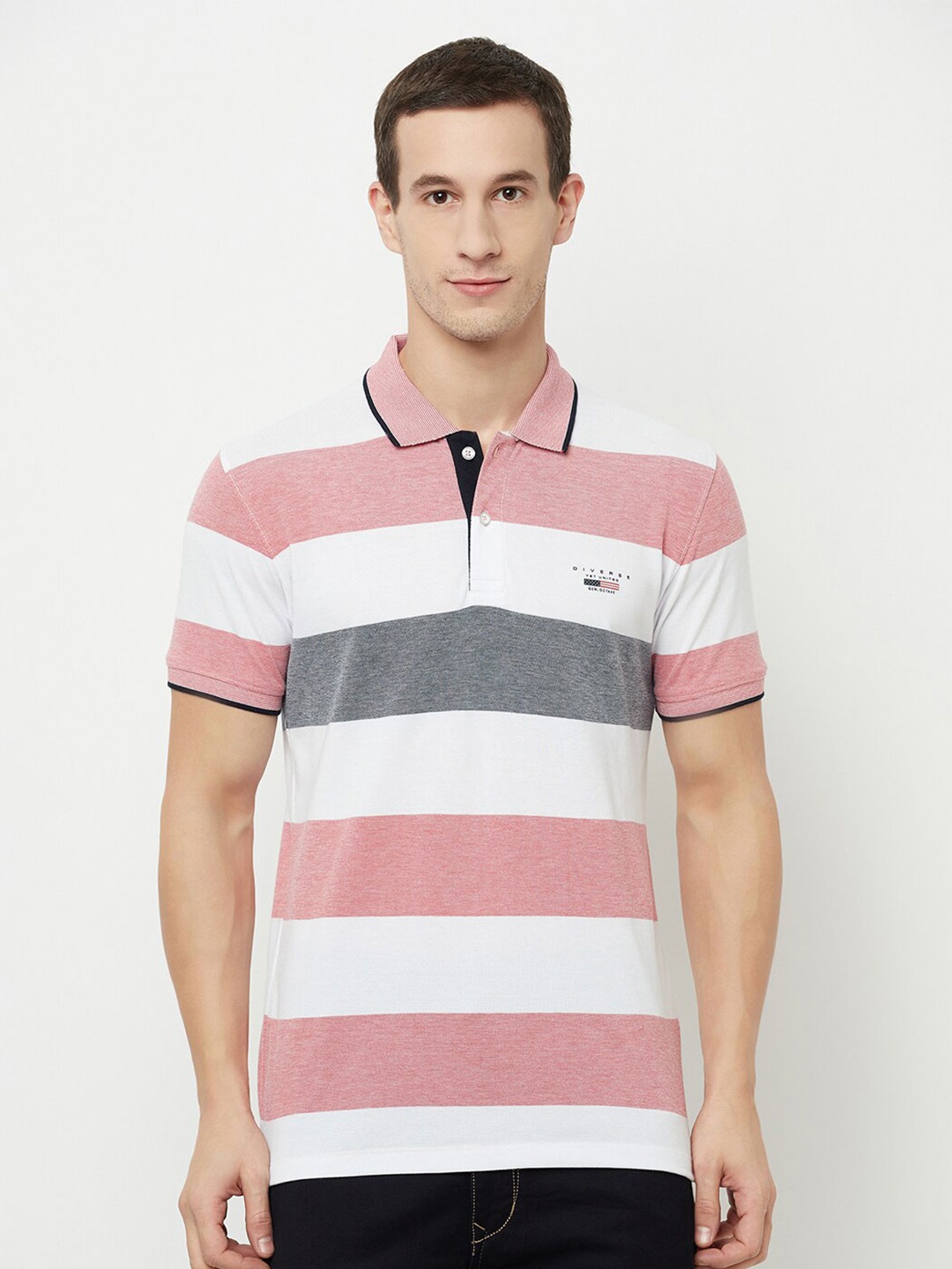 

Octave Men Coral & bright gray Striped Polo Collar Applique T-shirt