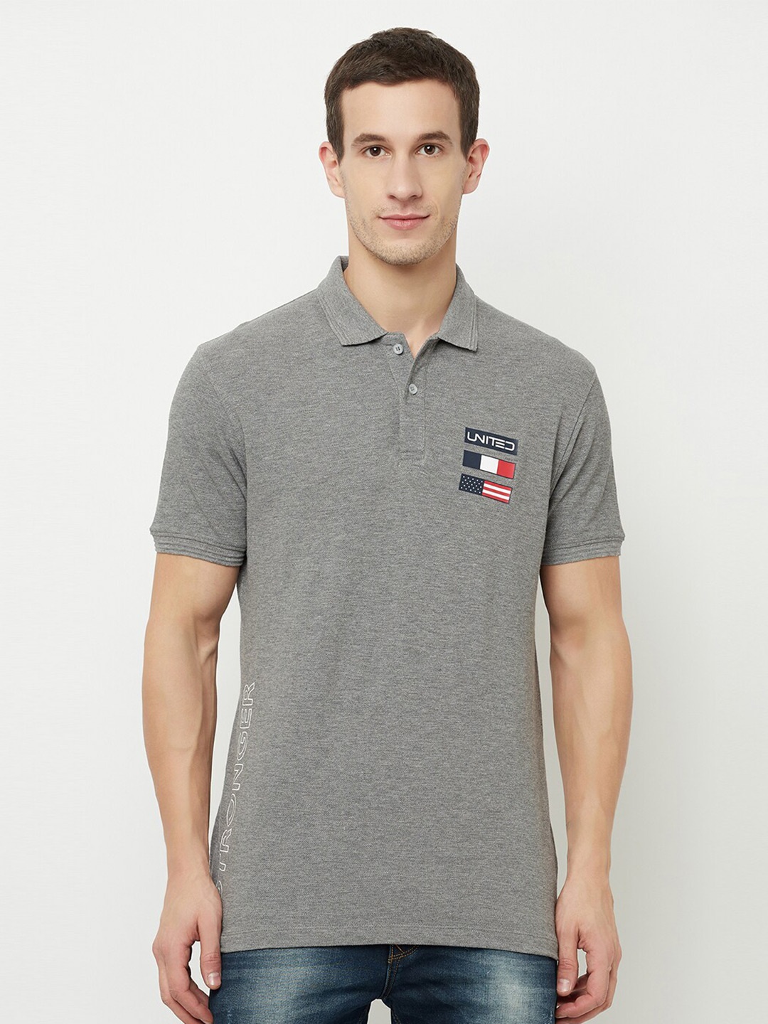 

Octave Men Grey Polo Collar Applique T-shirt