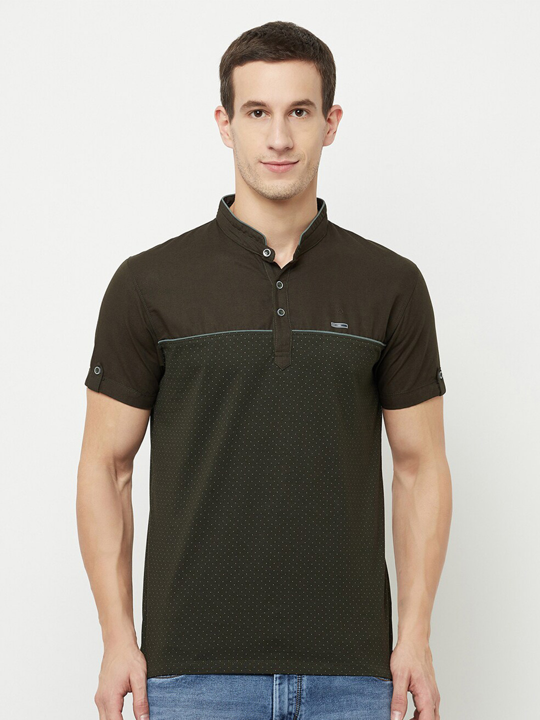 

Octave Men Olive Green Mandarin Collar T-shirt