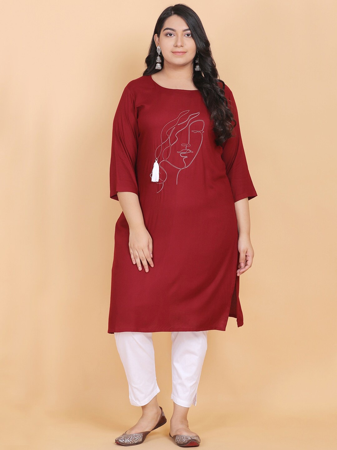 

LastInch Plus Size Women Maroon Embroidered Thread Work Kurta