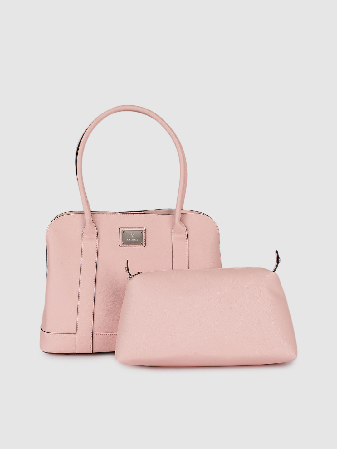 

Van Heusen Pink Solid Structured Tote Bag With Pouch