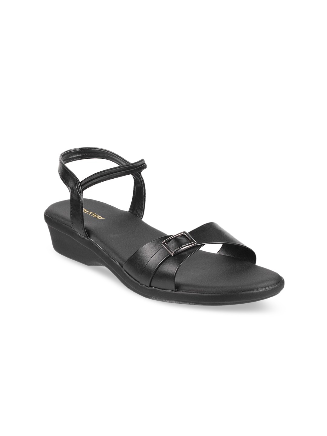 

WALKWAY by Metro Black Textured Wedge Sandals with Buckles