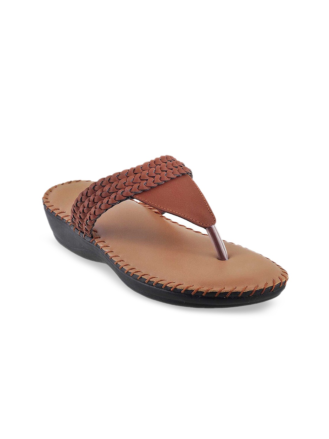 

WALKWAY by Metro Women Tan T-Strap Flats with Laser Cuts