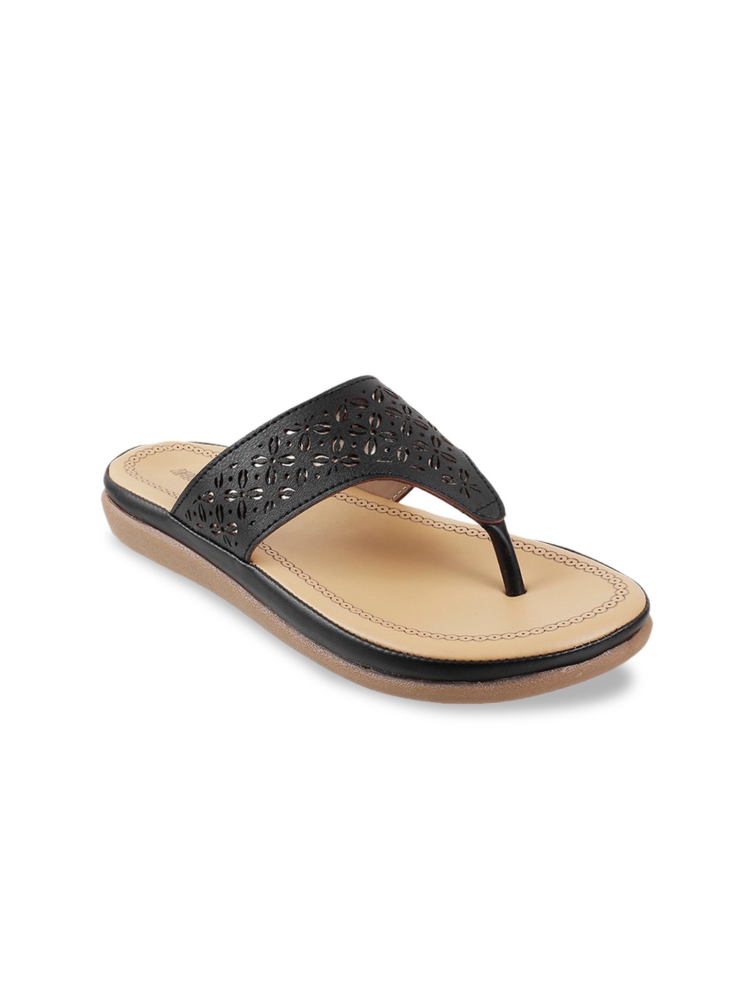 

WALKWAY by Metro Women Black T-Strap Flats with Laser Cuts