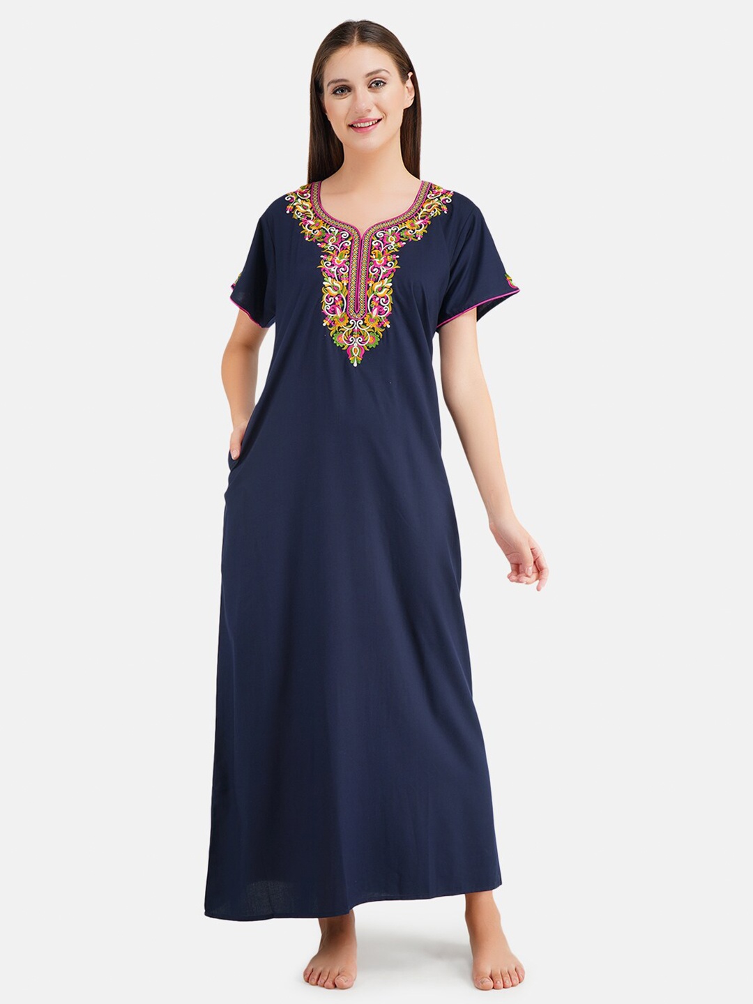 

KOI SLEEPWEAR Navy Blue Embroidered Lissy Blissy Cotton Maxi Nightdress