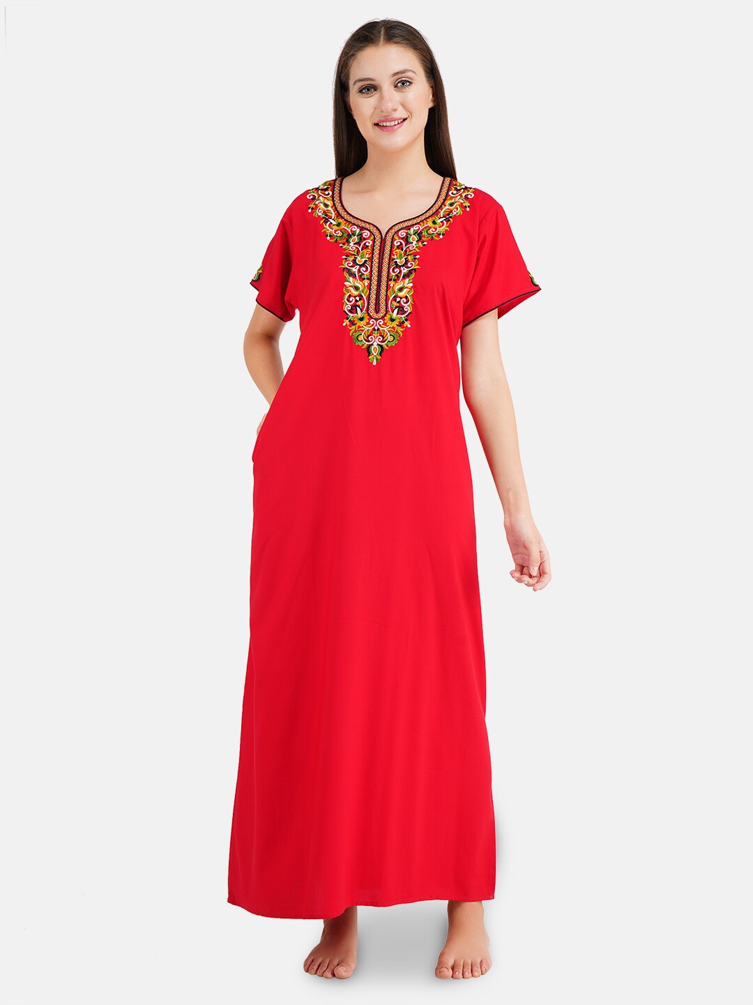

KOI SLEEPWEAR Woman Red Embroidered Cotton Maxi Nightdress With Pockets