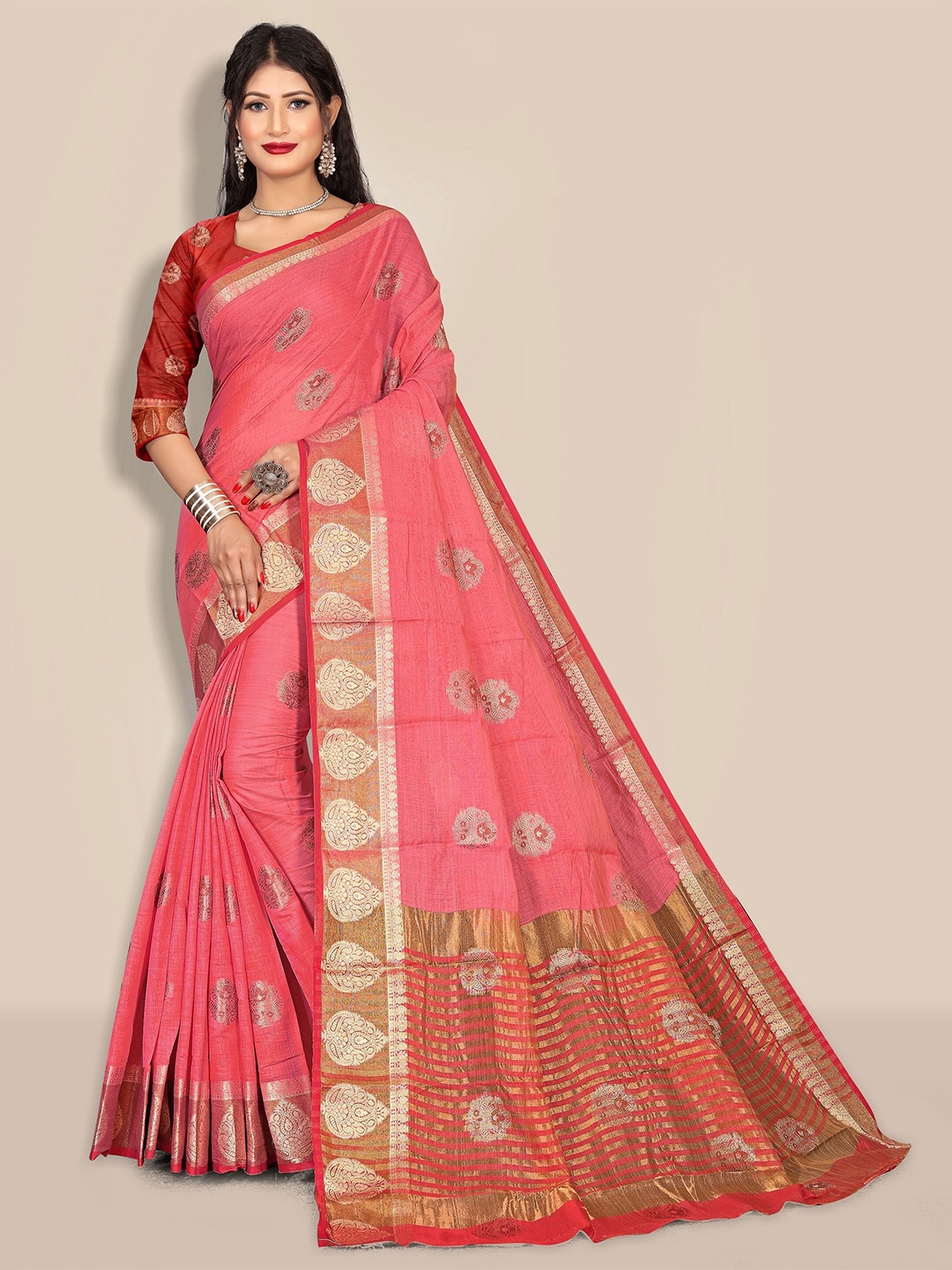 

Rivana Pink & Gold-Toned Ethnic Motifs Zari Pure Cotton Chanderi Saree
