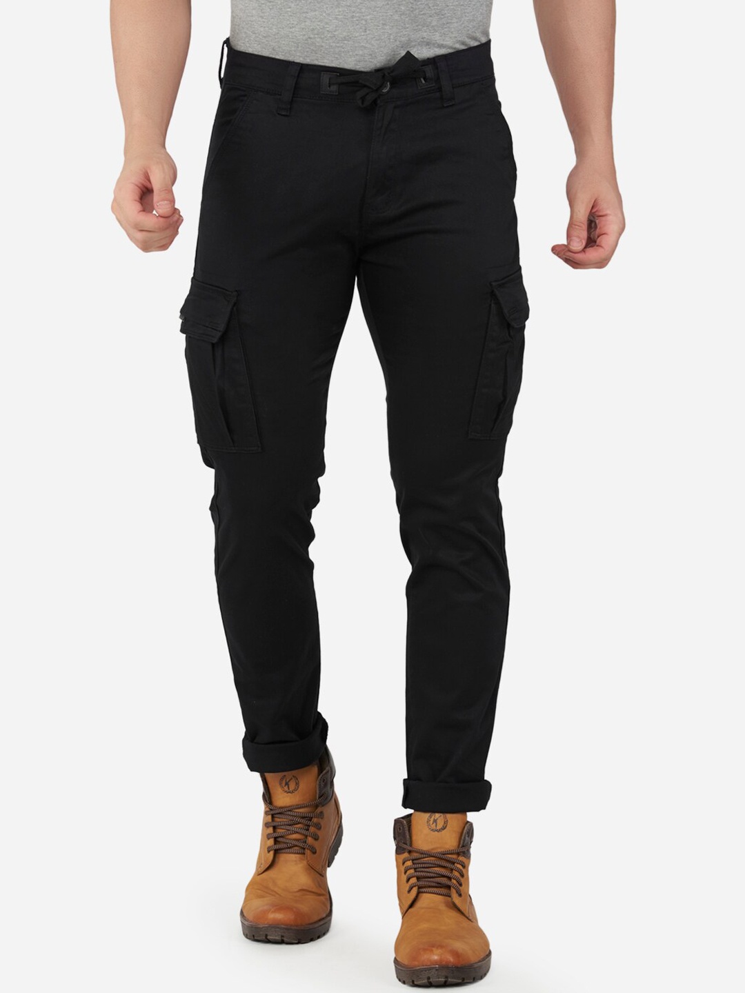 

beevee Men Black Relaxed Straight Fit Cargos Trousers