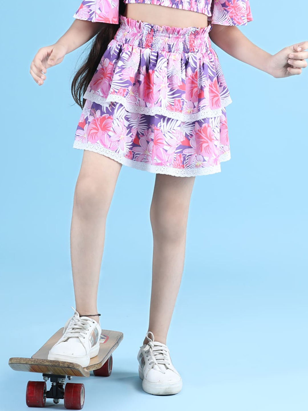 

luyk Girls Pink Tropical Floral Print Above-Knee Skirts