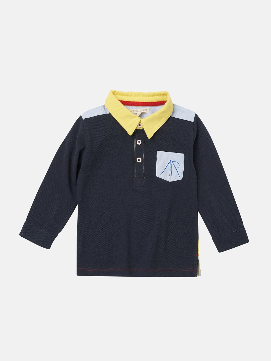 

Angel & Rocket Boys Navy Blue Colourblocked Henley Neck Applique T-shirt