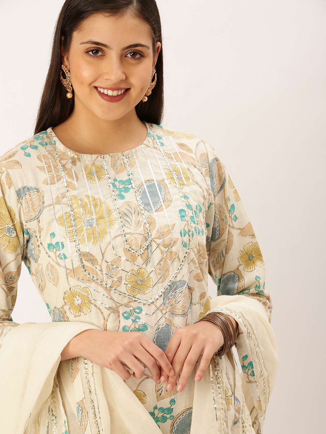 

SHOWOFF Women Off White Embroidered Layered Gotta Patti Kurti with Trousers & Dupatta