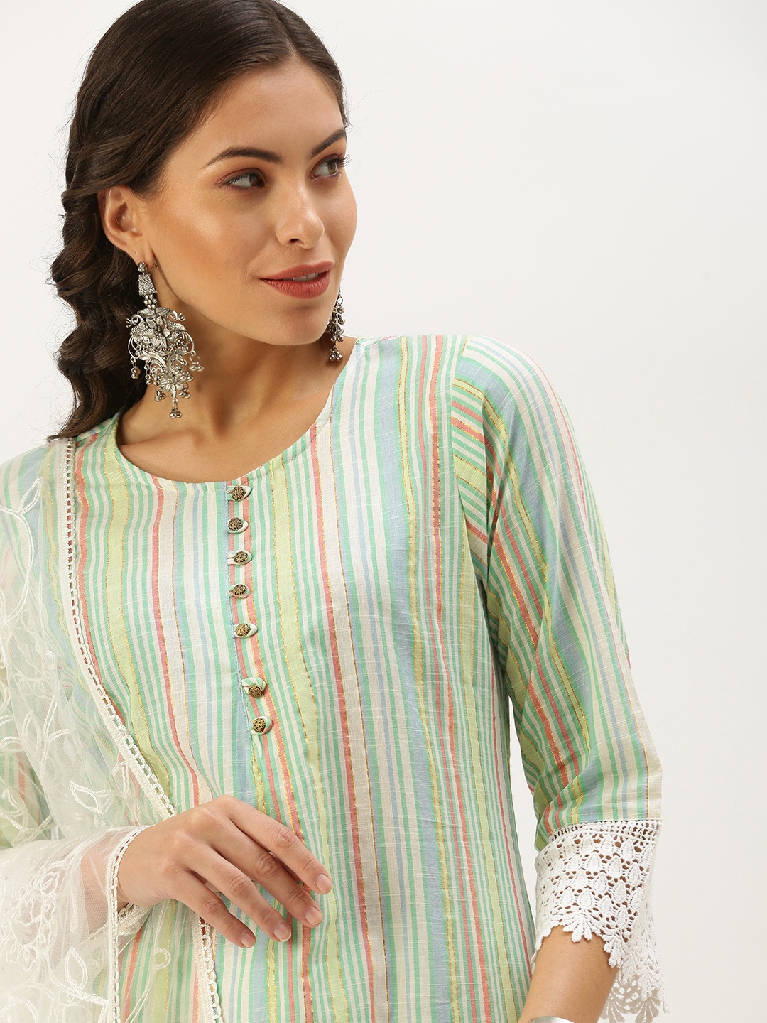 

SHOWOFF Women Multicoloured Striped Kurta with Palazzos & With Dupatta, Multi