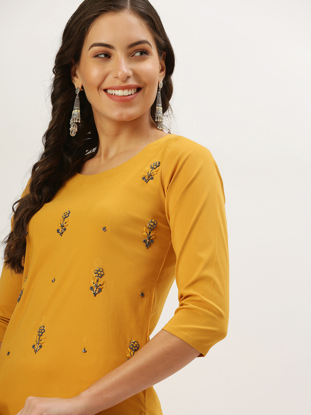 

SHOWOFF Women Mustard Yellow Embroidered Straight Kurta with Trousers