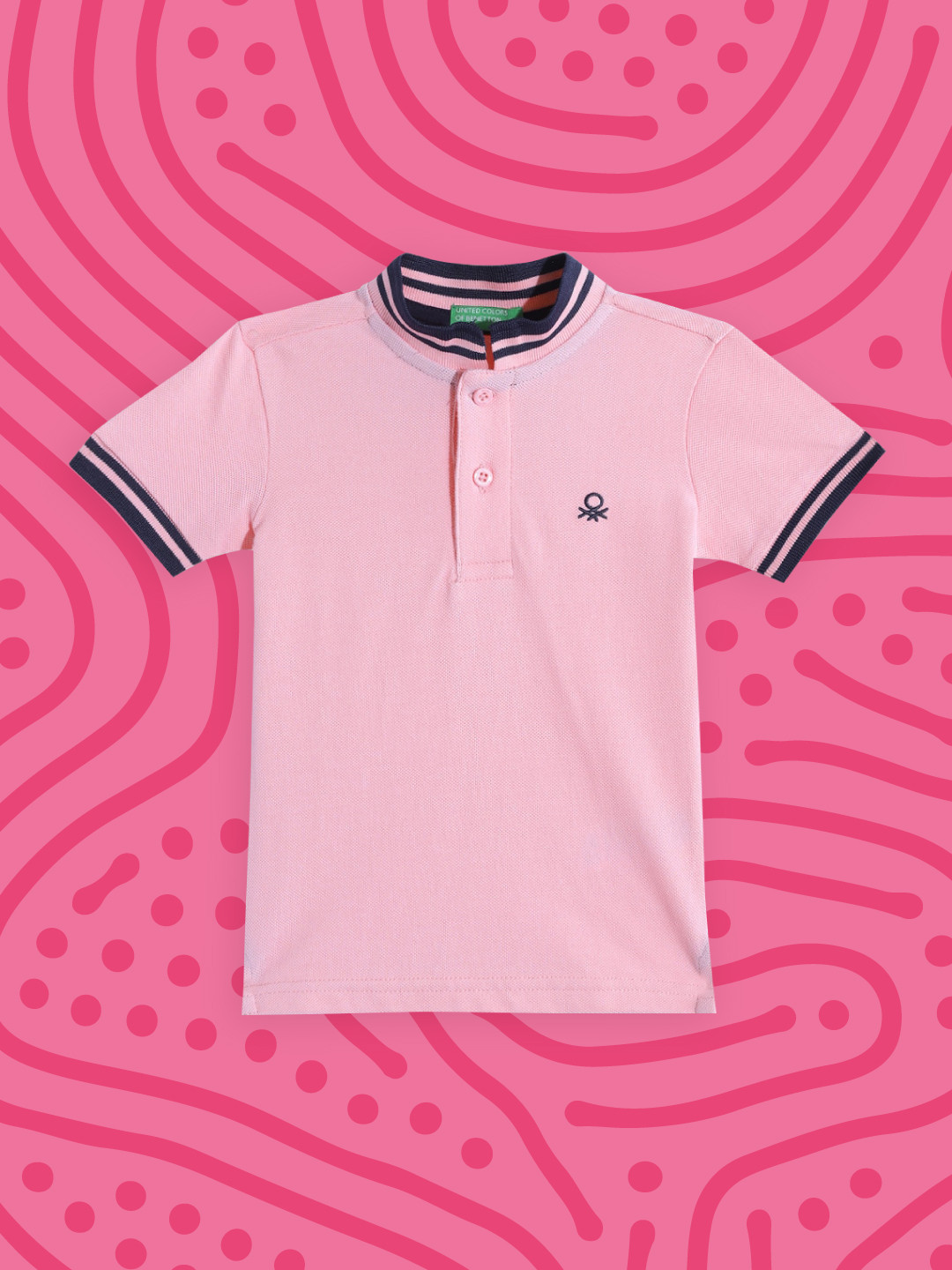 

United Colors of Benetton Boys Pink & Navy Blue Solid Cotton Polo Collar T-shirt