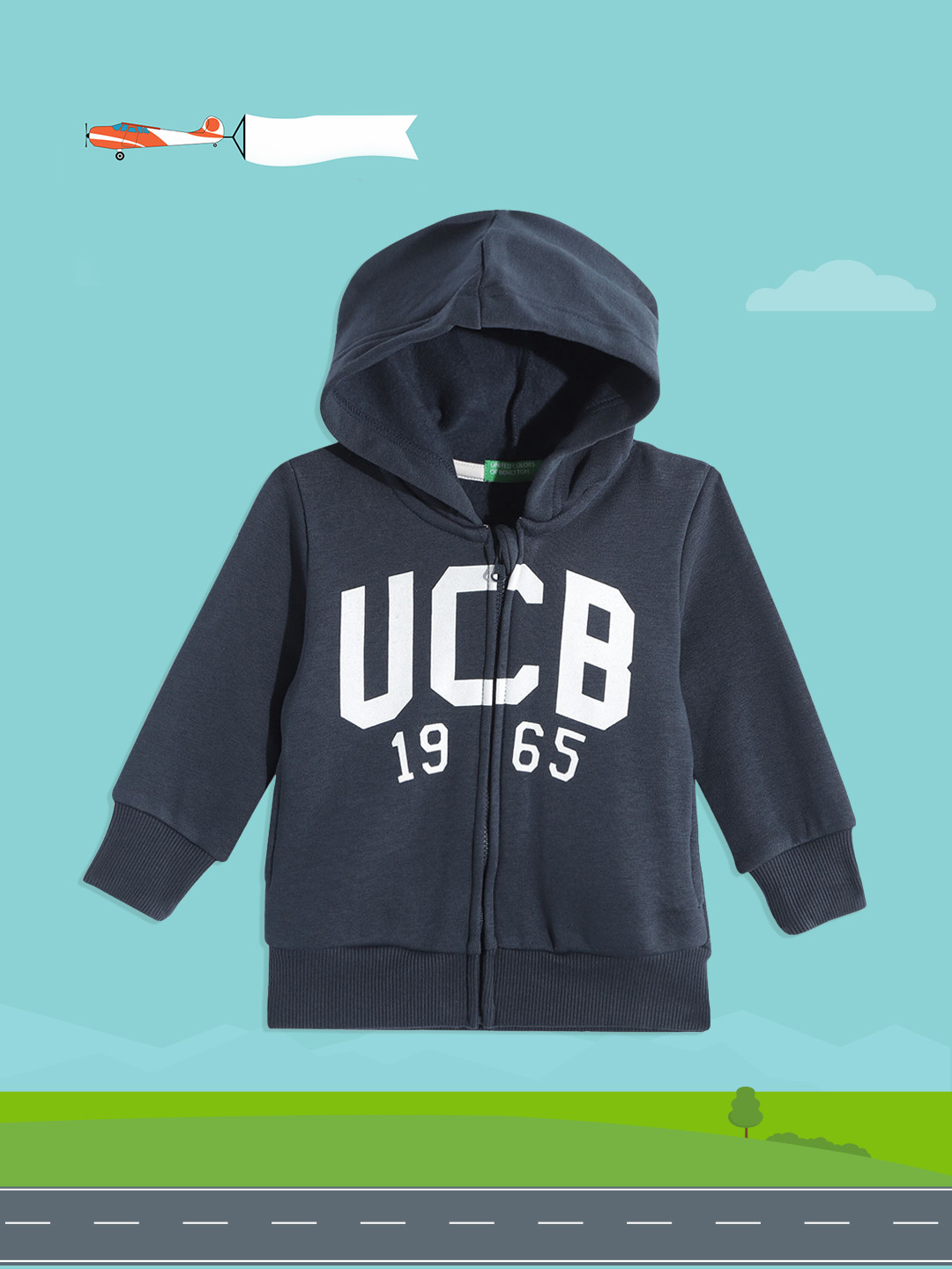 

United Colors of Benetton Boys Navy Blue Brand Logo Printed Hooded Front Open Sweatshirt