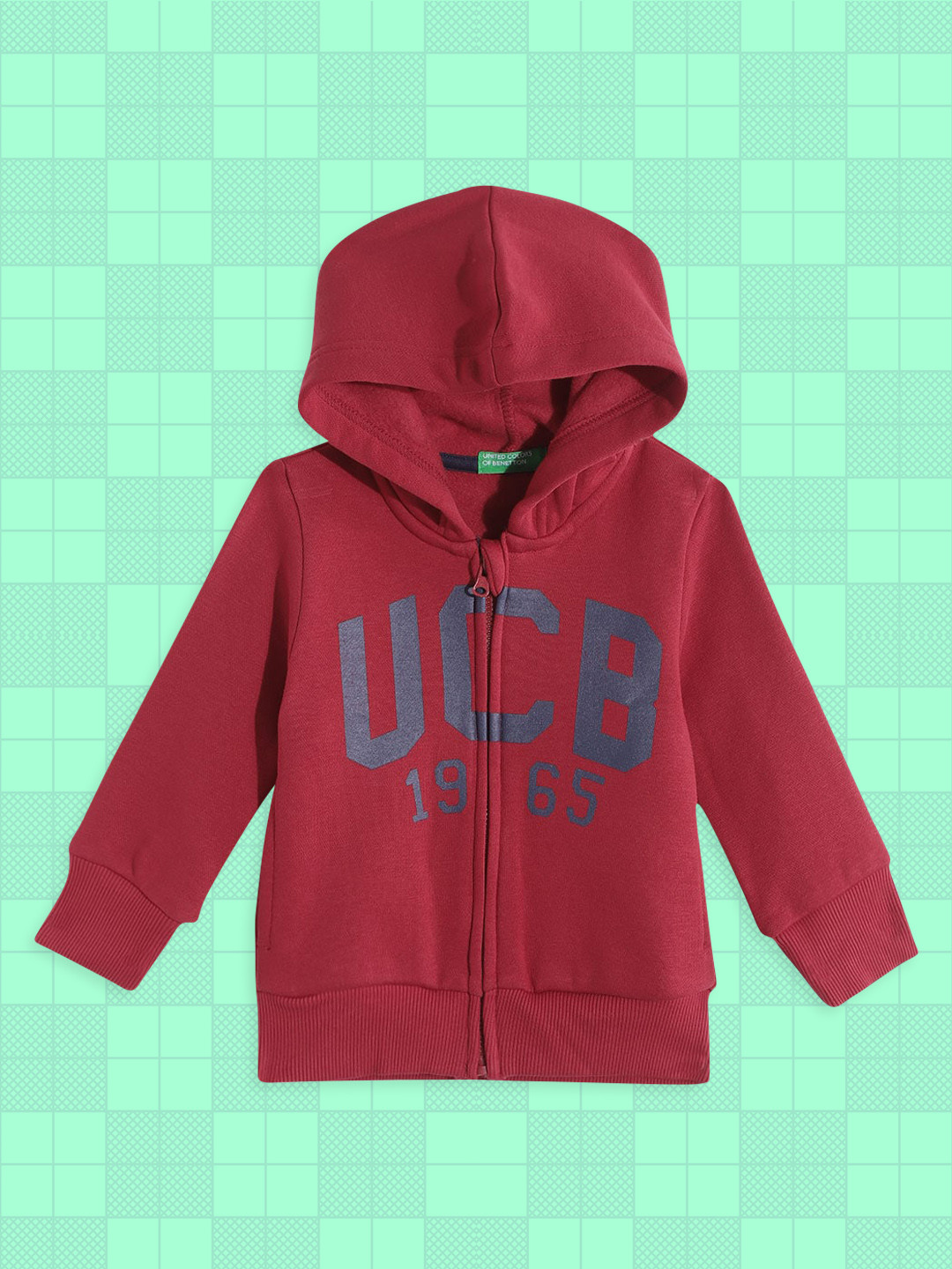 

United Colors of Benetton Boys Red Brand Logo Printed Hooded Front Open Sweatshirt