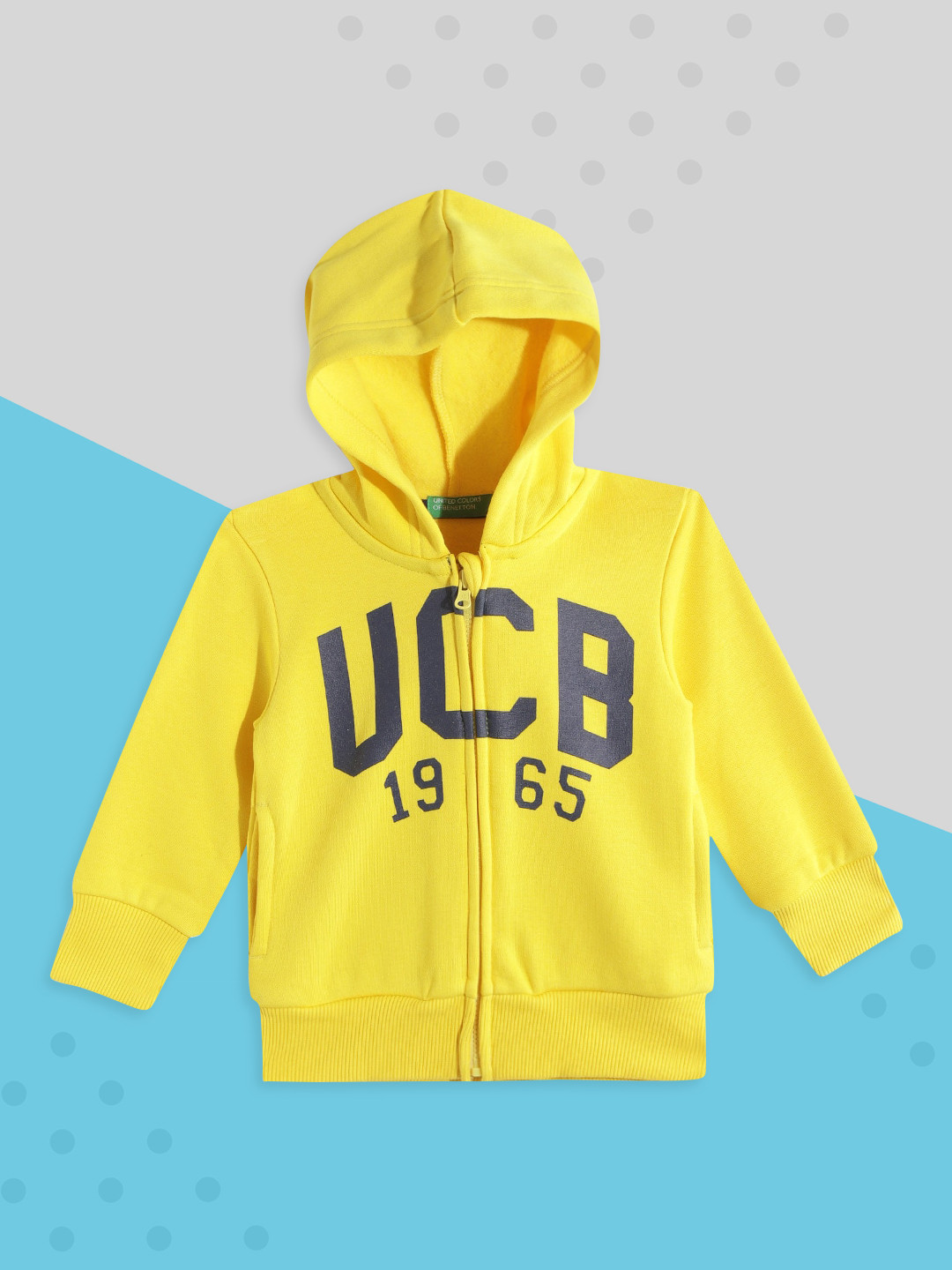 

United Colors of Benetton Boys Yellow Brand Logo Printed Hooded Front Open Sweatshirt