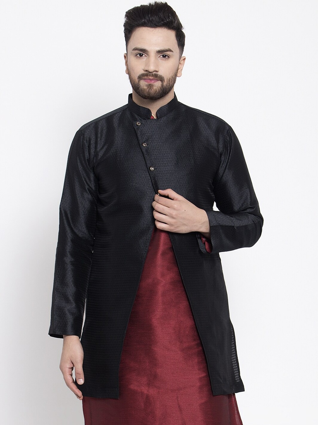 

Kaifoo Men Black Striped Longline Tailored Jacket