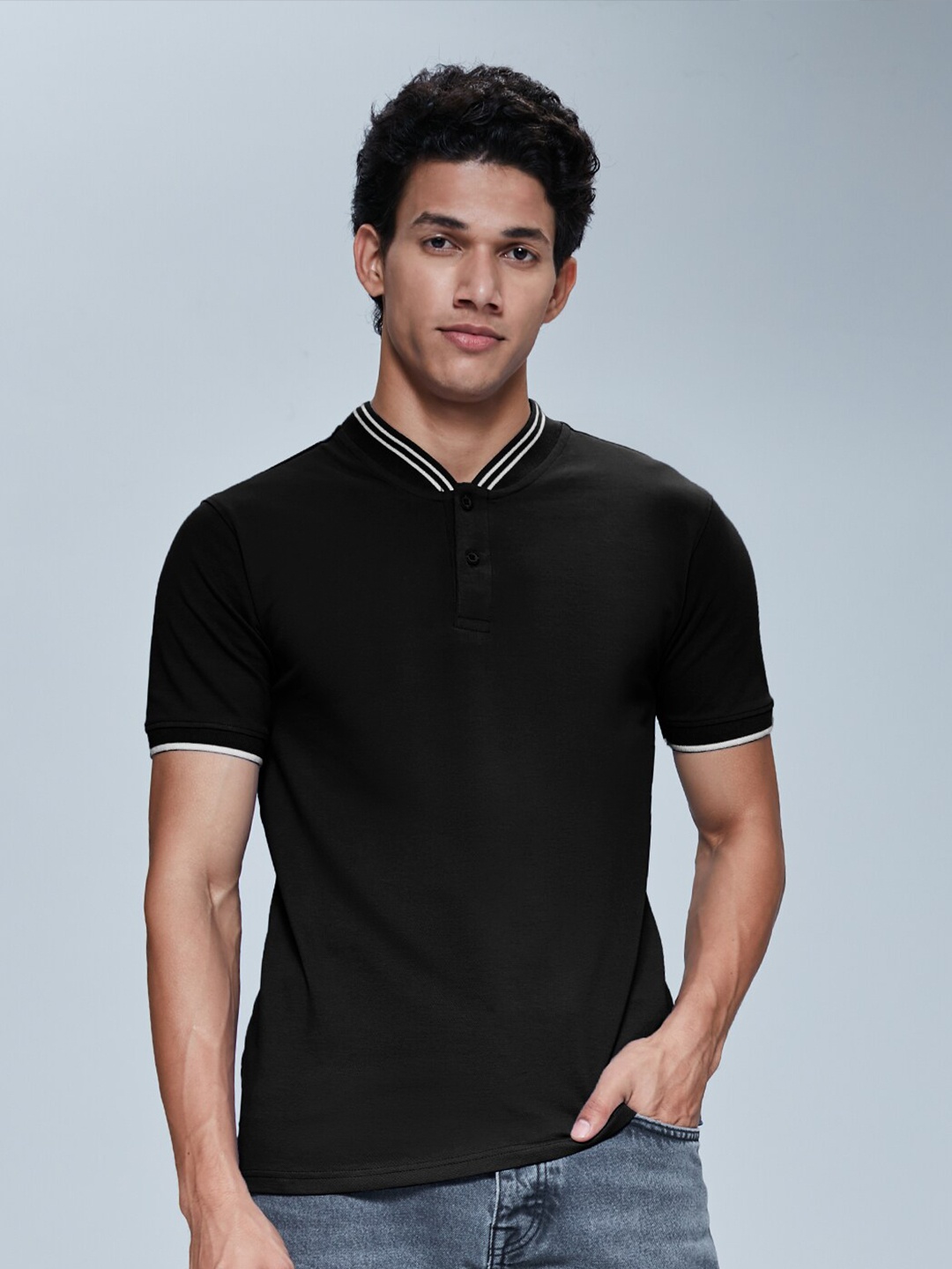 

The Souled Store Men Black Mandarin Collar Raw Edge T-shirt