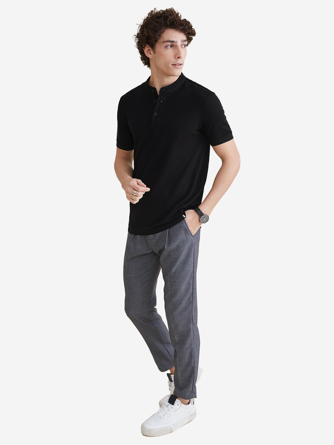 

The Souled Store Men Black Mandarin Collar T-shirt