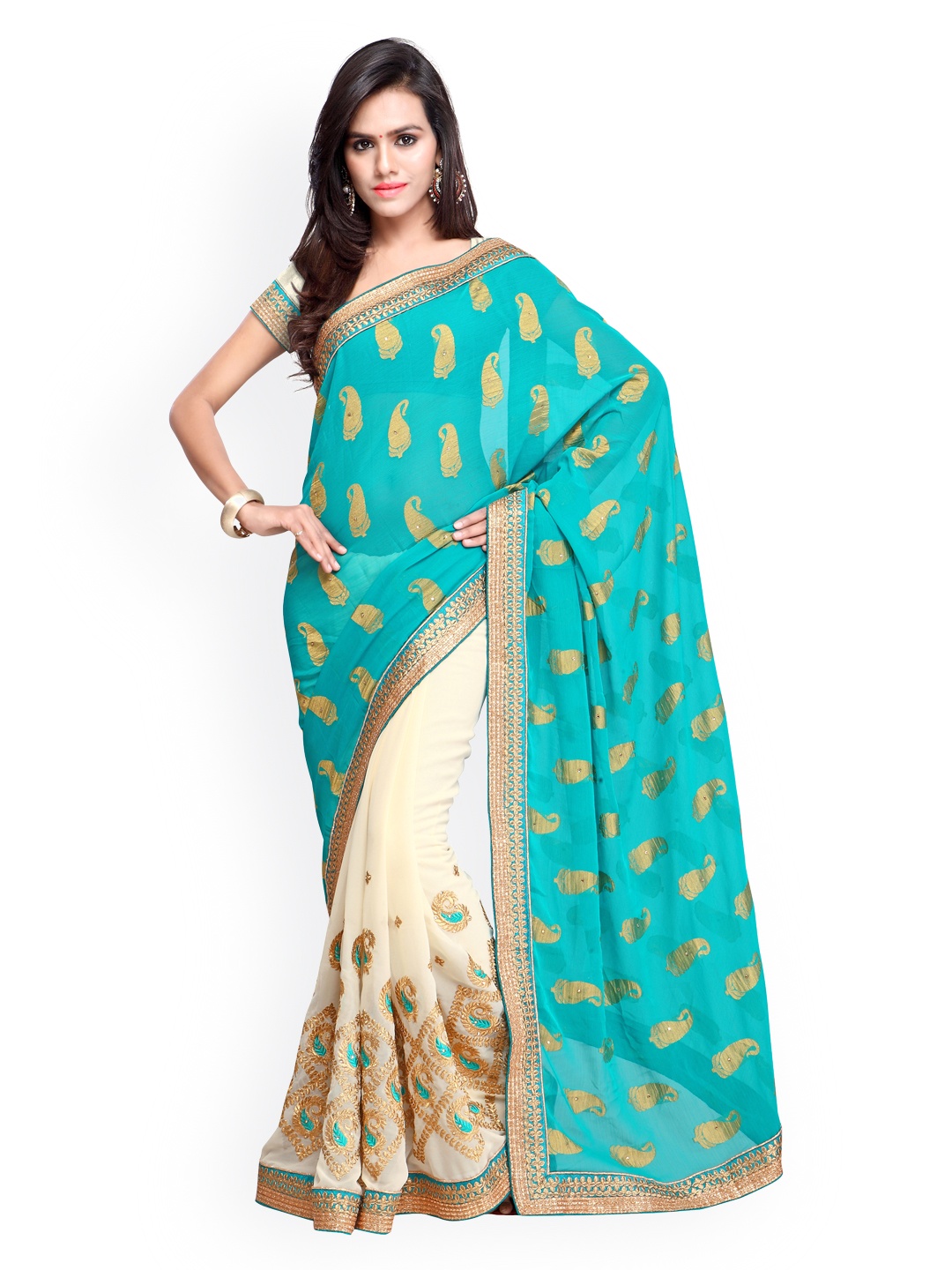 

Blissta Beige & Turquoise Blue Embroidered & Embellished Georgette & Jacquard Saree