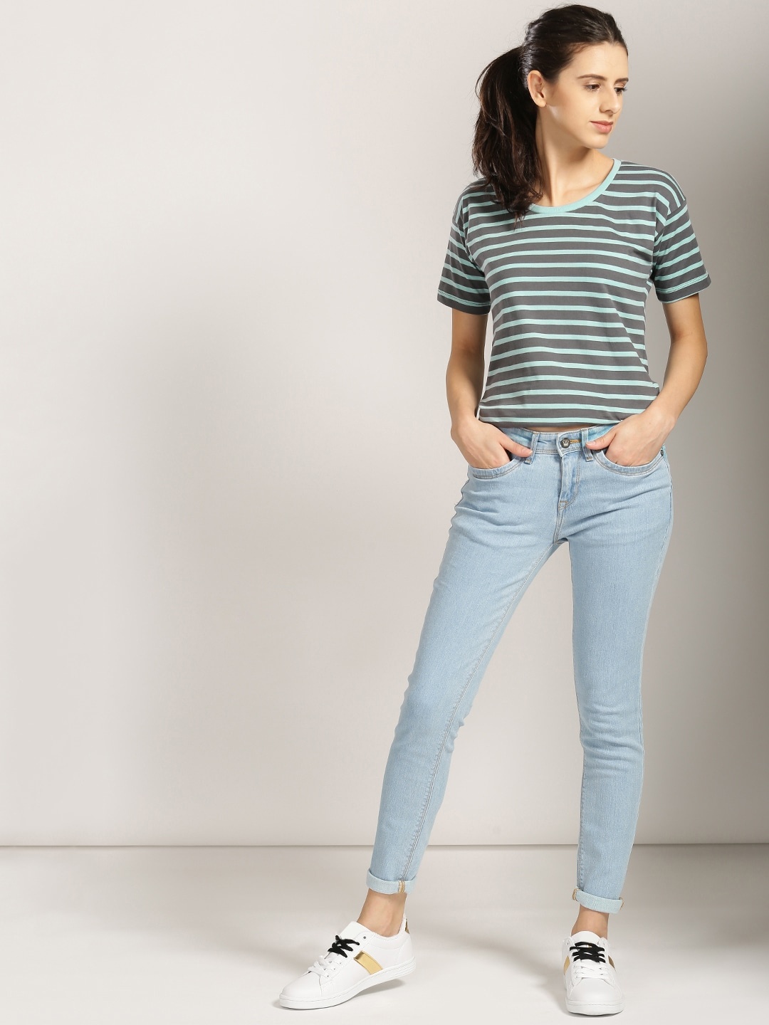 

Harvard Women Grey Striped Round Neck T-shirt