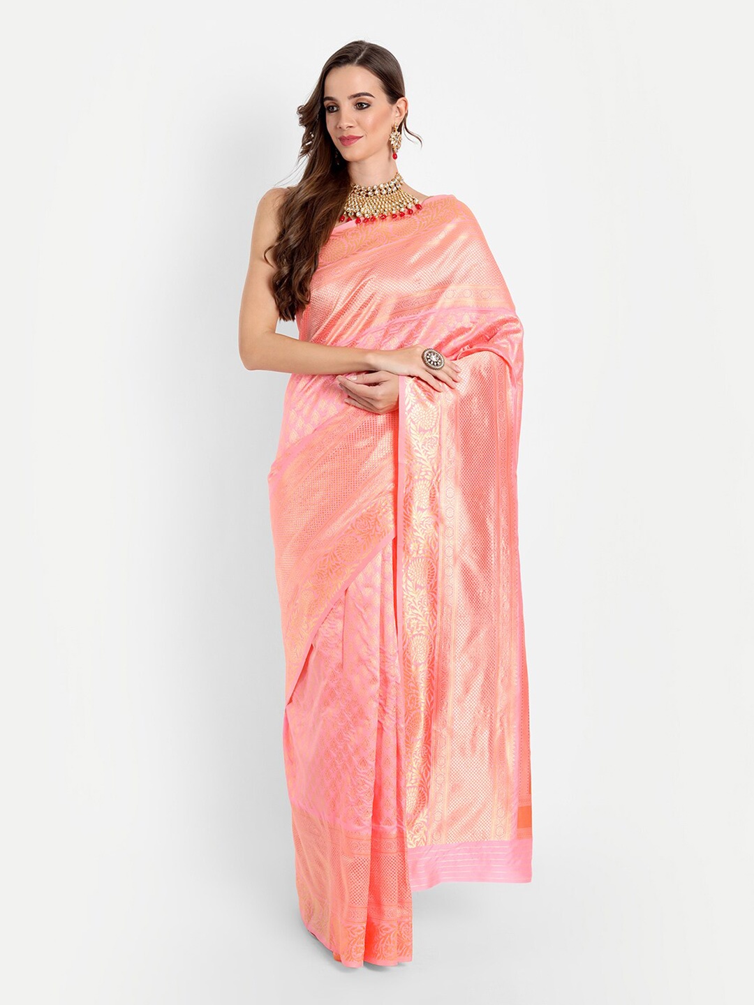 

ASPORA Pink & Gold-Toned Woven Design Zari Silk Blend Kanjeevaram Saree