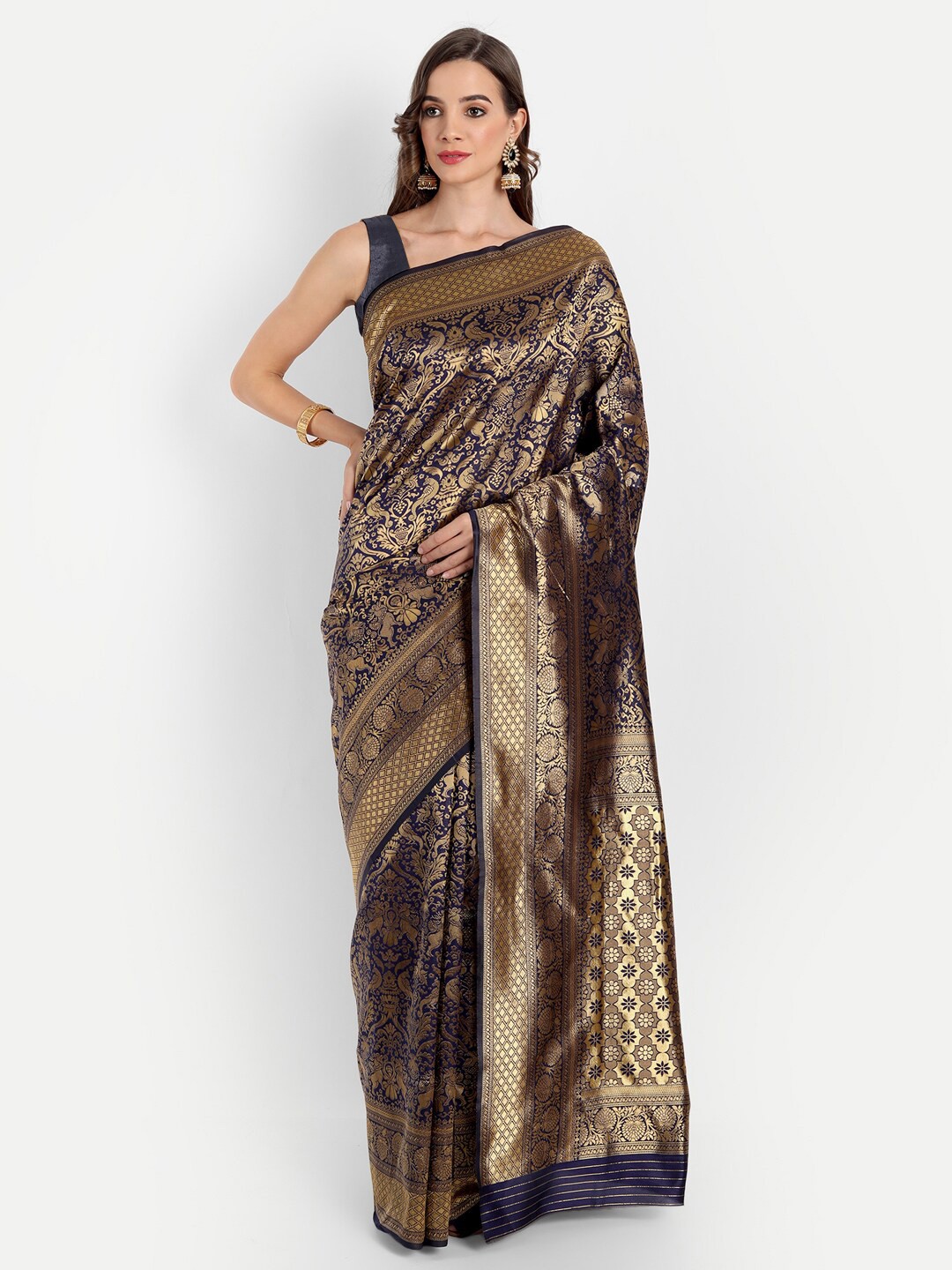 

ASPORA Navy Blue & Gold-Toned Woven Design Silk Blend Kanjeevaram Saree