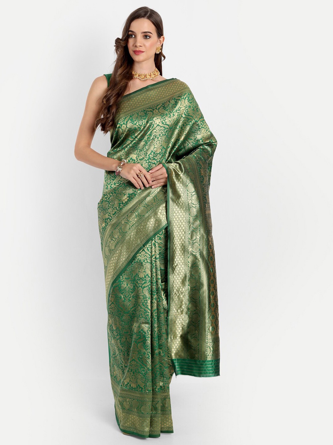 

ASPORA Green Ethnic Motifs Zari Silk Blend Kanjeevaram Saree