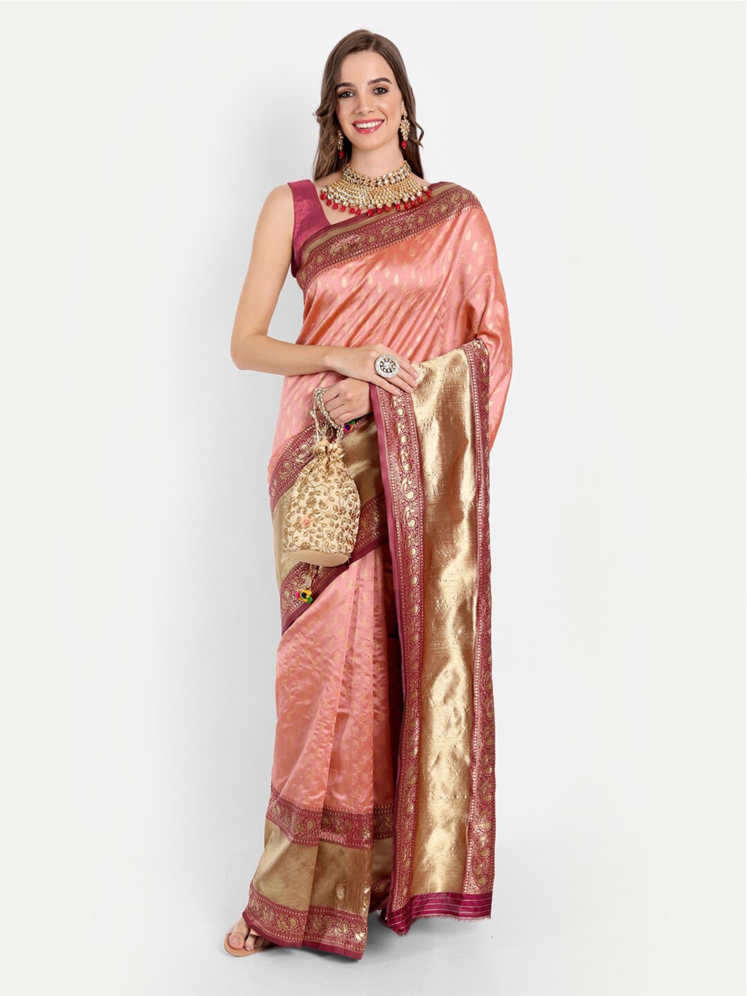 

ASPORA Peach-Coloured & Red Ethnic Motifs Zari Silk Blend Banarasi Saree